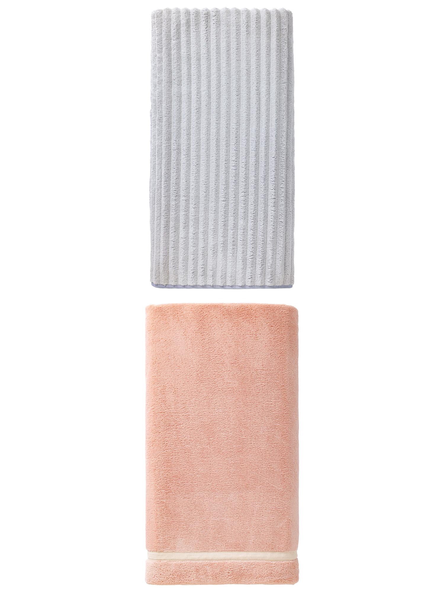 Unique Bargains 2Pcs Plush Absorbent Coral Fleece Bath Towel Pink/Grey 63"x31"/55"x28"