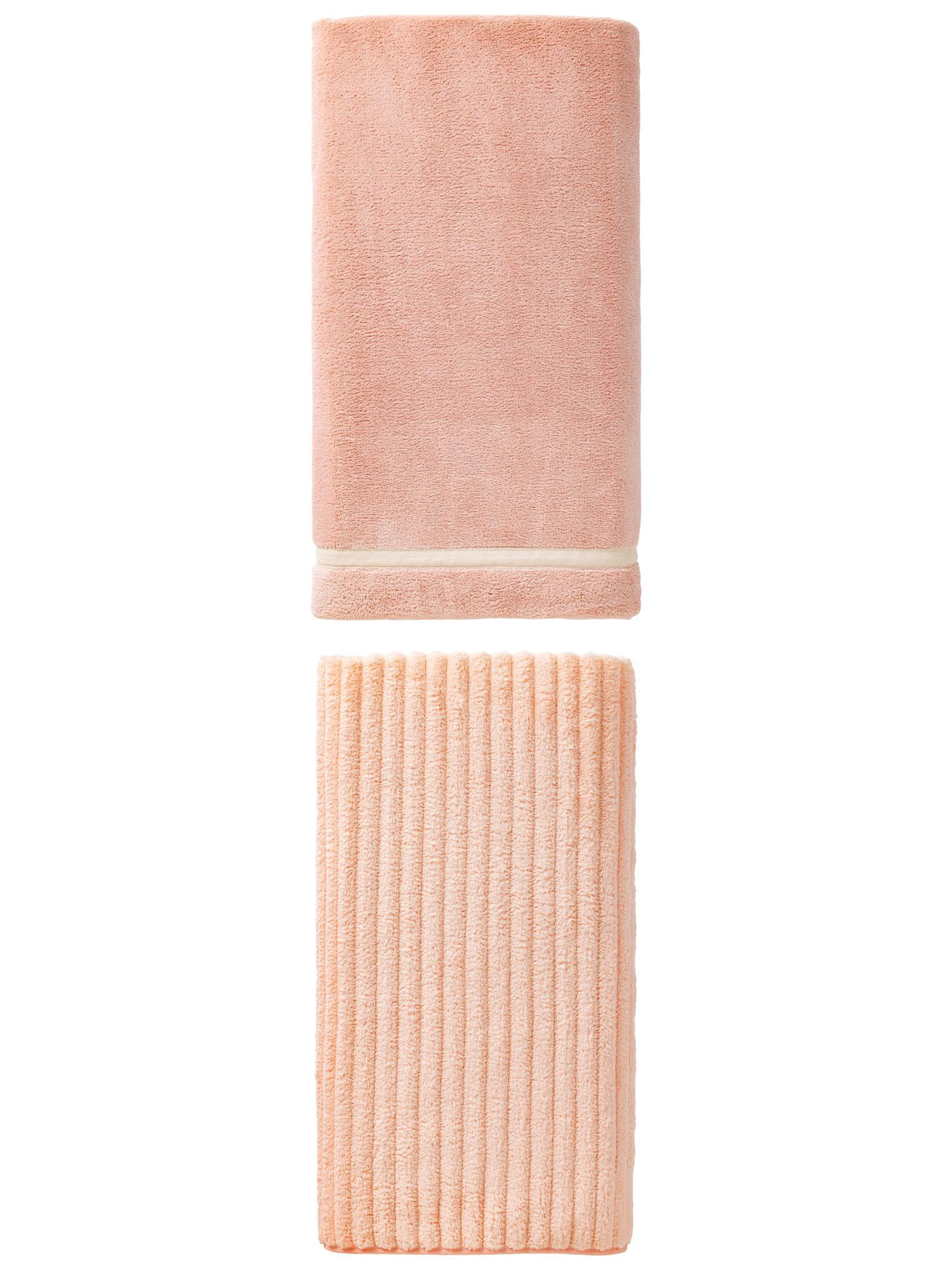 Unique Bargains 2Pcs Plush Absorbent Coral Fleece Towel Pink/Peach Pink 63"x31"/55"x28"