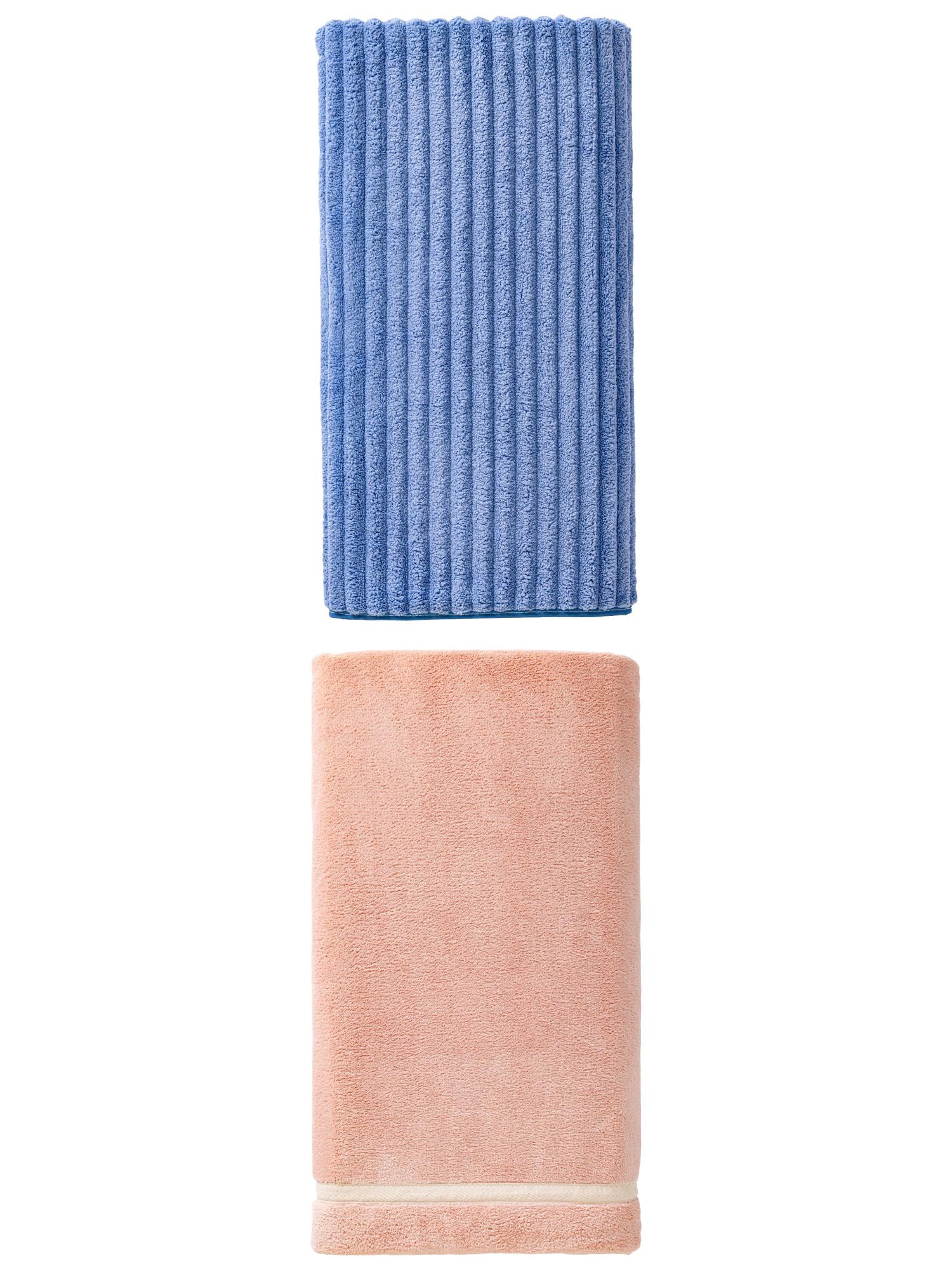 Unique Bargains 2Pcs Plush Absorbent Coral Fleece Bath Towel Pink/Blue 63"x31"/55"x28"