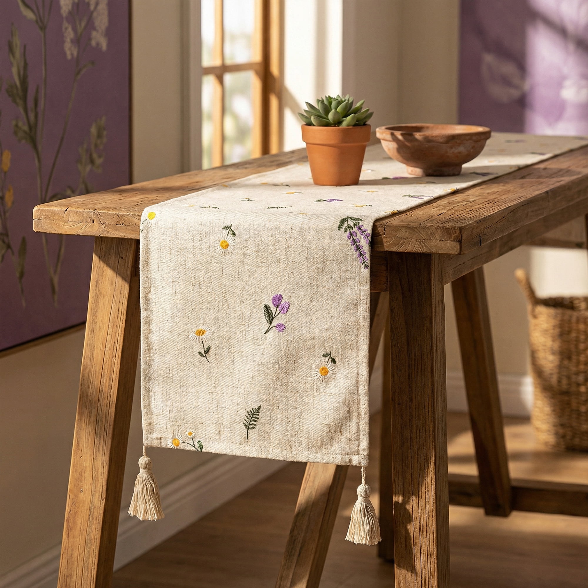 Unique Bargains Table Runner for Kitchen Decor with Tassel Lavender 11.8x86.6in
