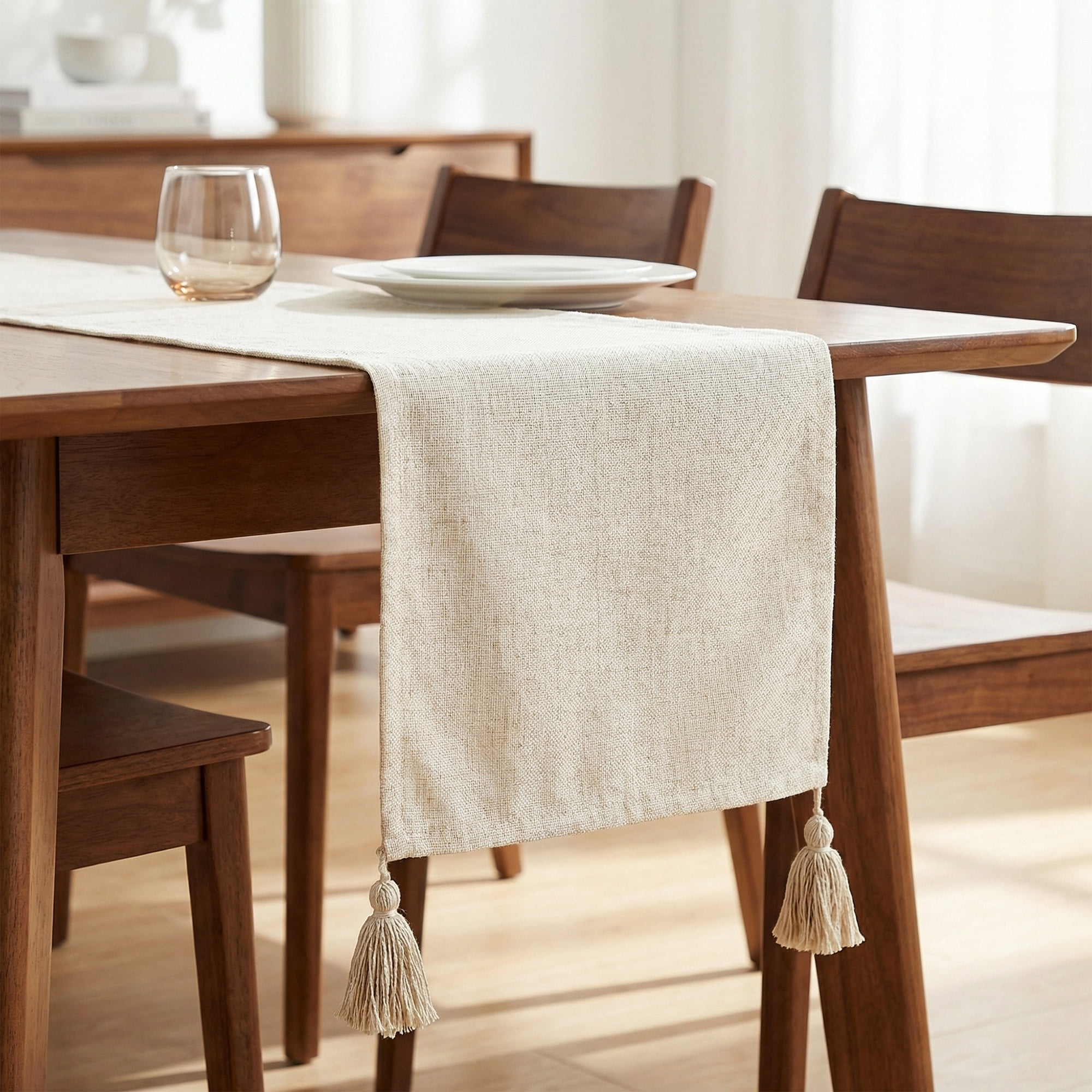 Unique Bargains Table Runner for Kitchen Decor with Tassel White 11.8x70.9in