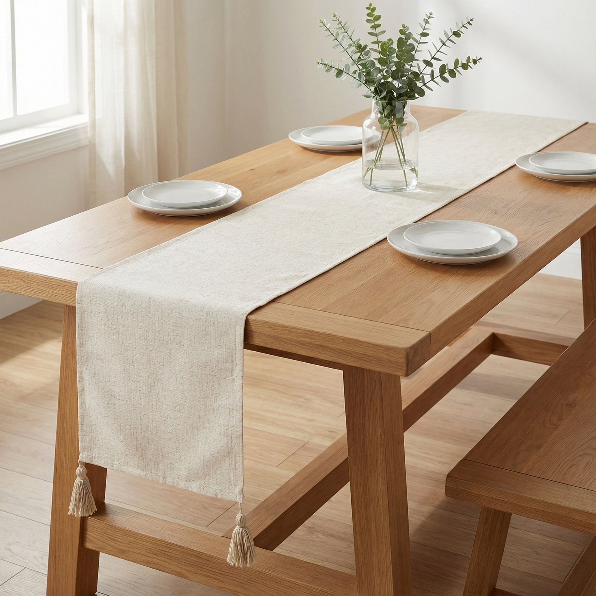Unique Bargains Table Runner for Kitchen Decor with Tassel White 11.8x86.6in