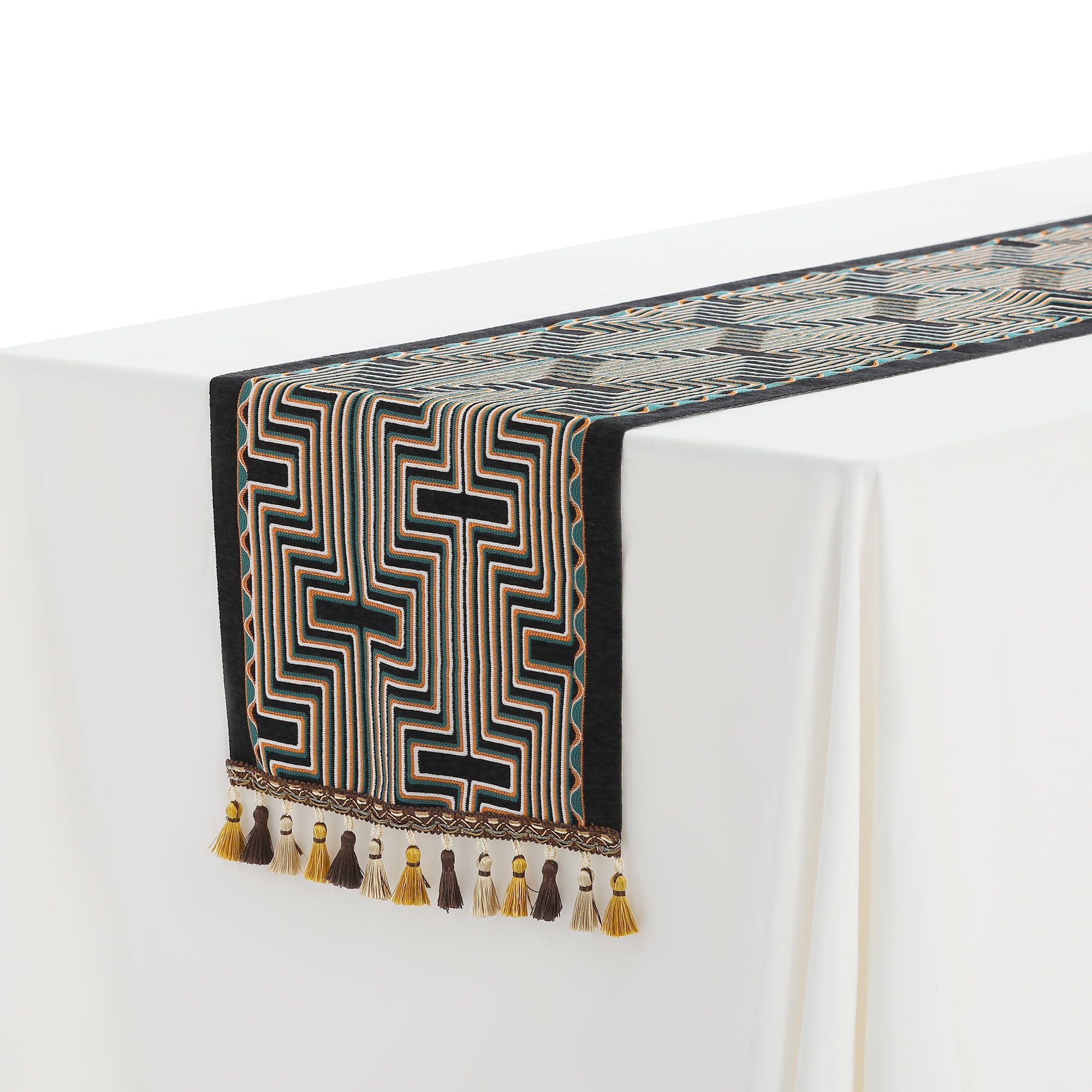 Unique Bargains Table Runner with Tassel Embroidery Table Flags Black 13"x63"