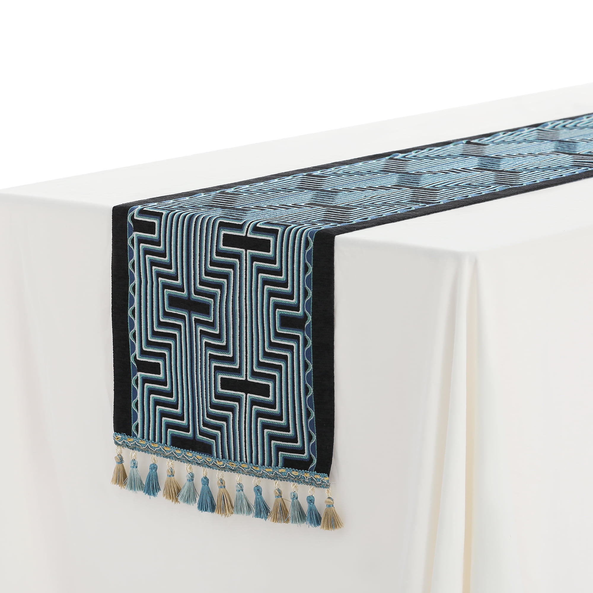 Unique Bargains Table Runner with Tassel Embroidery Table Flags Blue 13"x63"