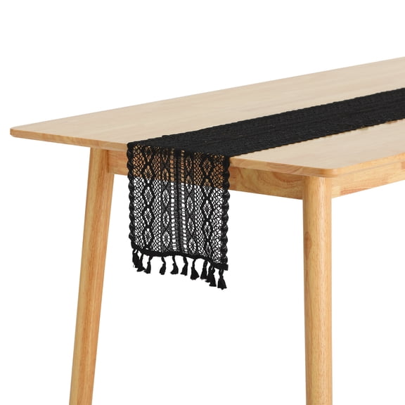 Unique Bargains Table Runners with Lace Tassel Table Flags for Casual Daily Decoration Black 9"x71"