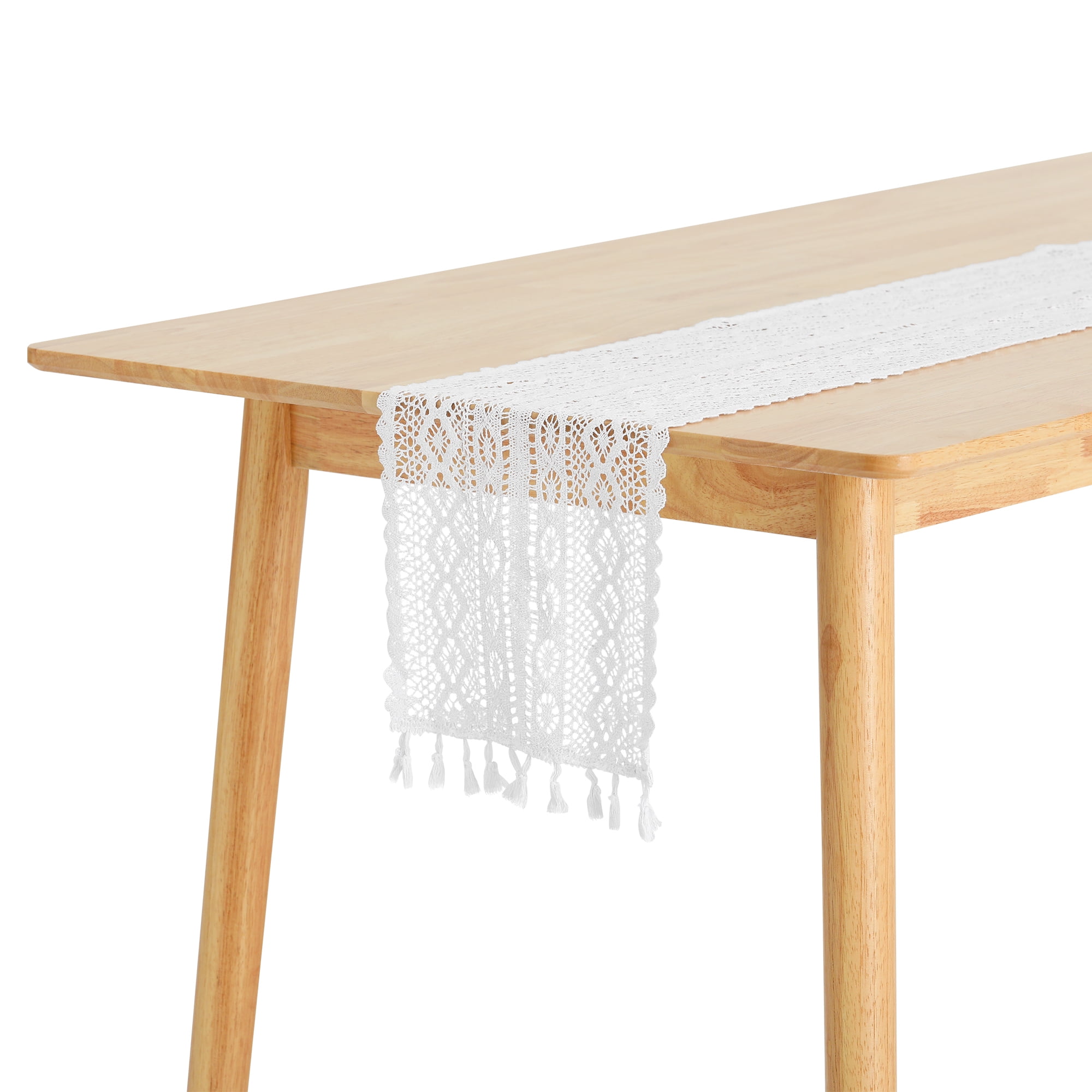 Unique Bargains Table Runners with Lace Tassel Table Flags for Casual Daily Decoration White 9"x63"