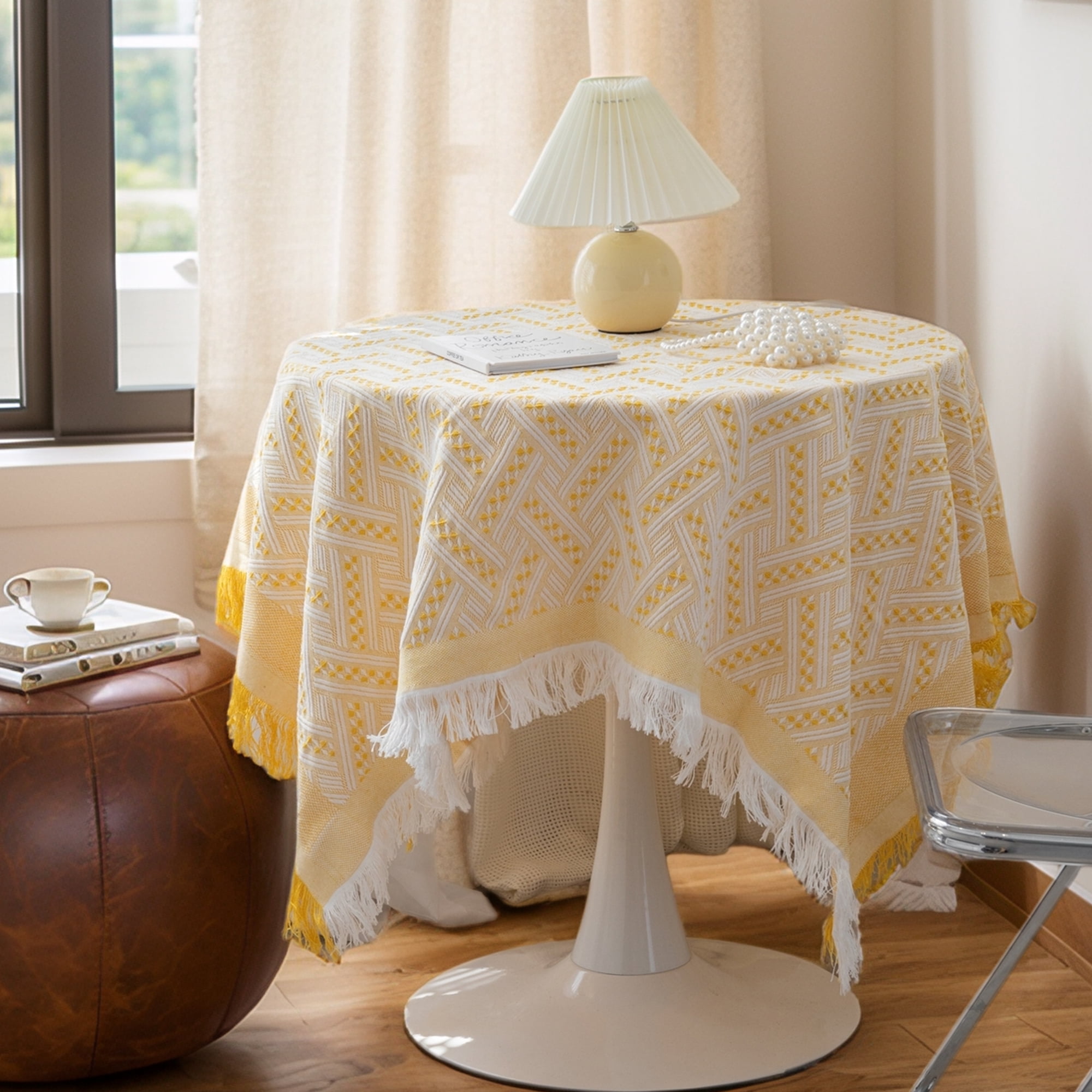 Unique Bargains Tablecloths with Tassel for Multiple Use Yellow 35.4"x35.4"
