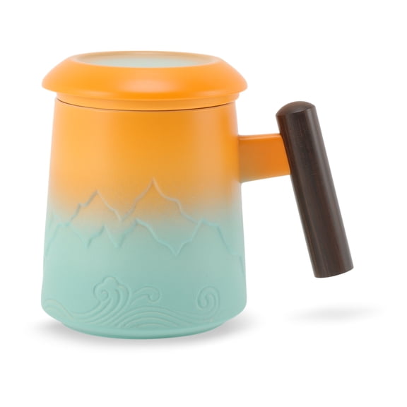 Unique Bargains Tea Cup with Infuser 13.5oz Ceramic Tea Infuser Mug with Wood Handle and Cup Lid Tea Strainer Cup for Loose Leaf Steeping Gold Tone&Green