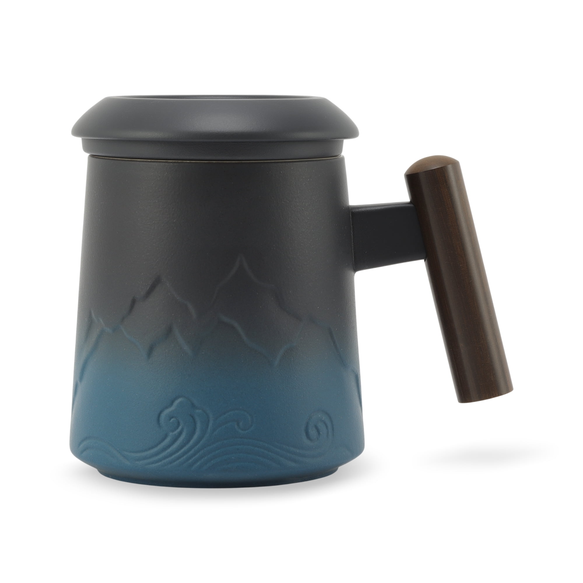 Unique Bargains Tea Cup with Infuser 13.5oz Ceramic Wood Handle Blue and Black