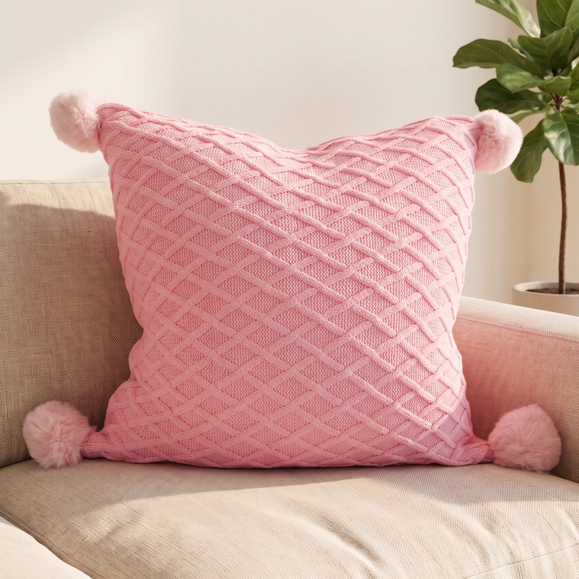 Unique Bargains Textured Knit Throw Pillow Cover Lattice Cushion Case Pink 18" x 18"