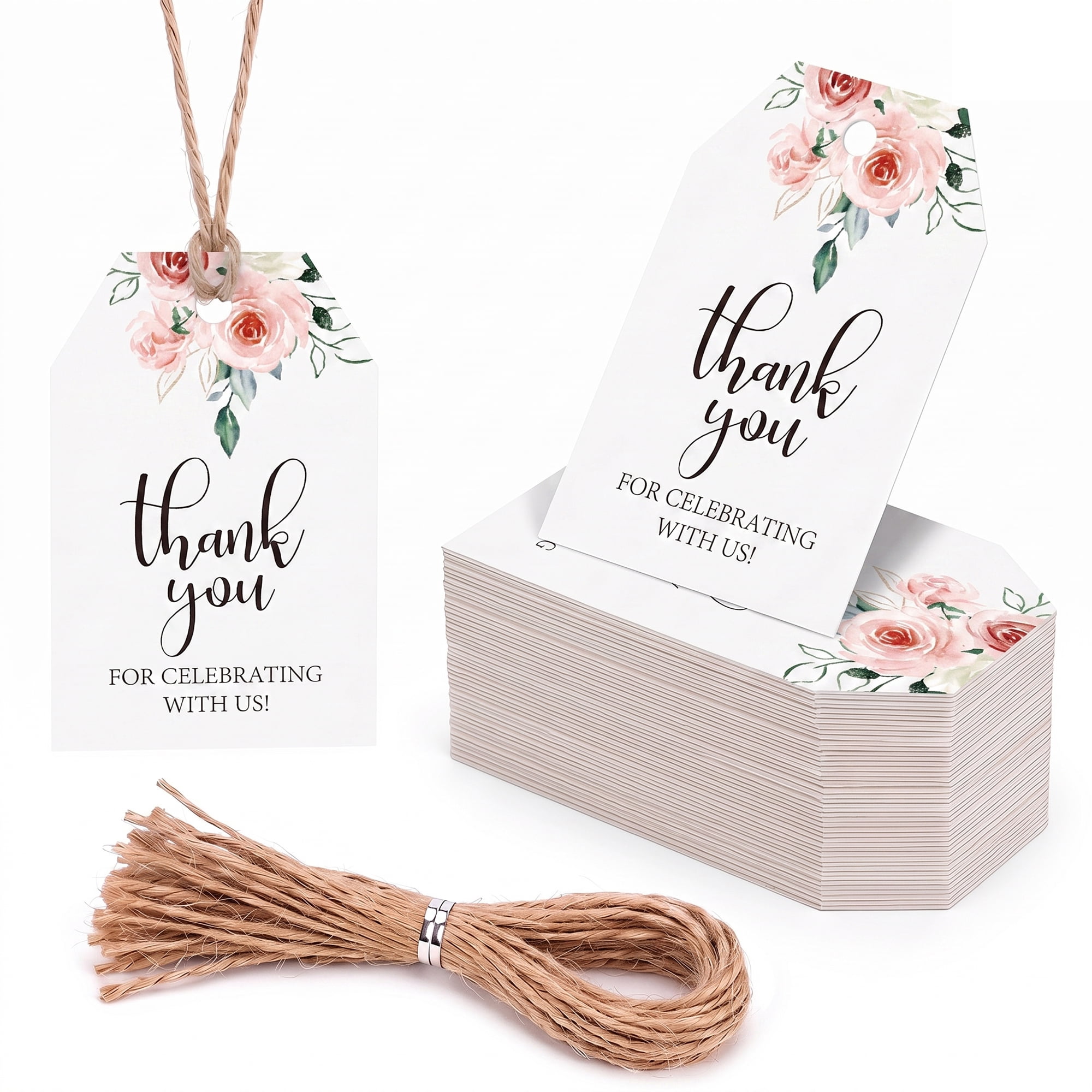 Unique Bargains Thick Thank You Gift Tags with Jute Twine Floral Patterns 2" x 3"