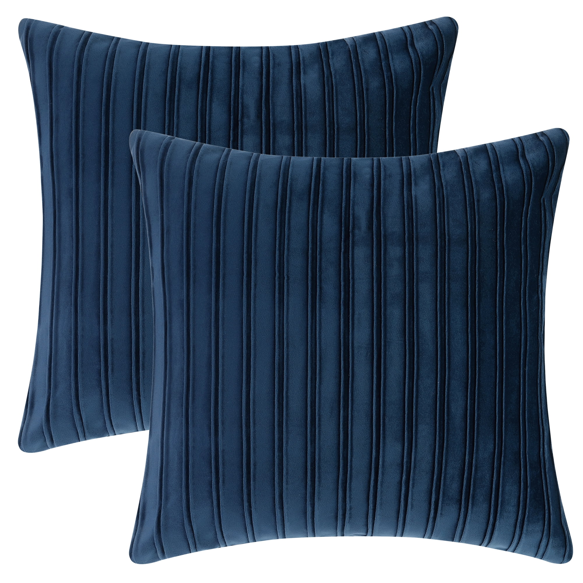 Unique Bargains Thick Velvet Striped Pillow Covers Pleated Front Cushion Covers 2 Pcs Blue 18" x 18"