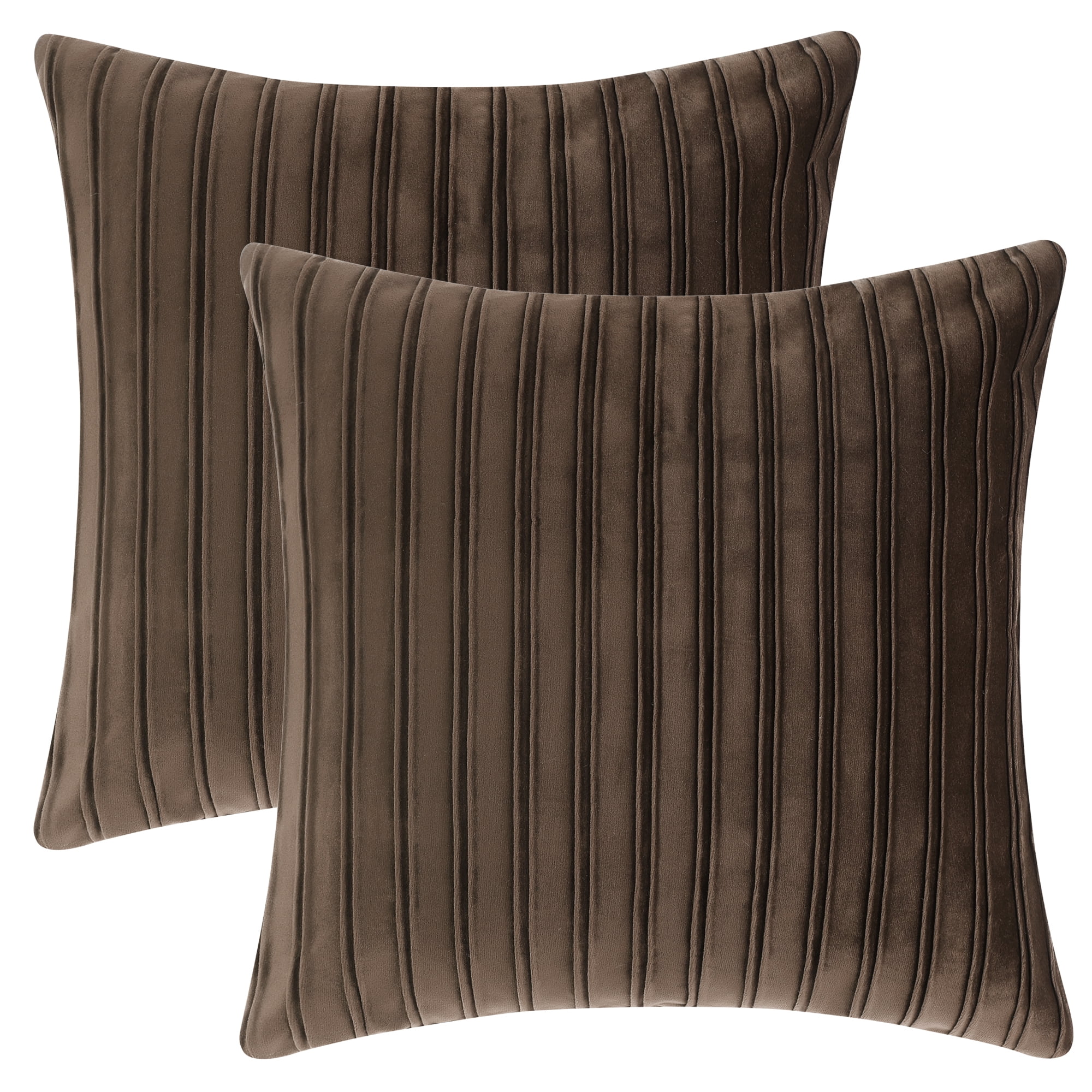 Unique Bargains Thick Velvet Striped Pillow Covers Pleated Front Cushion Covers 2 Pcs Brown 18" x 18"