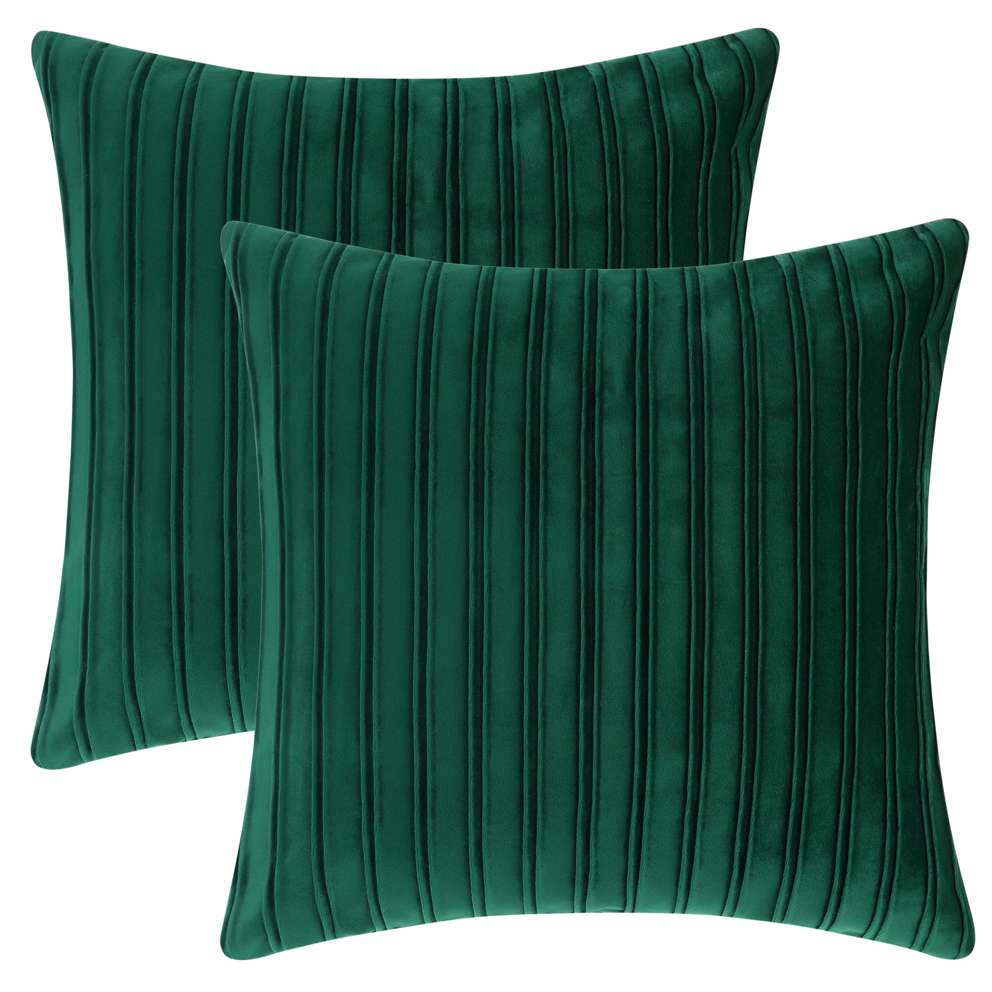 Unique Bargains Thick Velvet Striped Pillow Covers Pleated Front Cushion Covers 2 Pcs Green 20" x 20"
