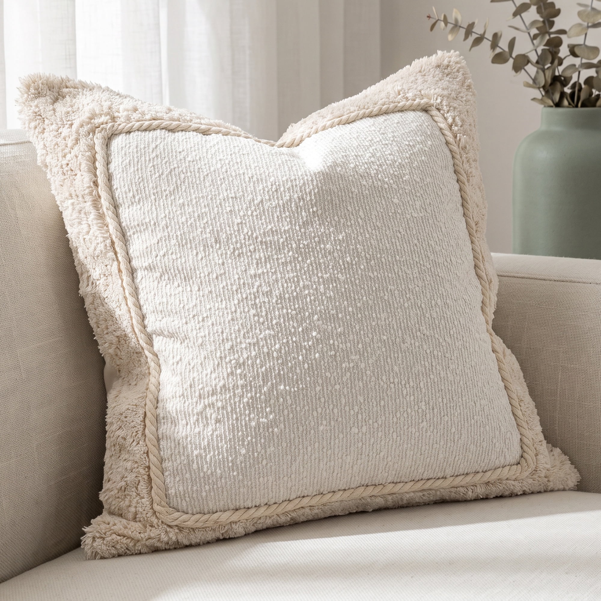 Unique Bargains Throw Pillow Cover Braided Rope Trim Cushion Case Beige 18"x18"