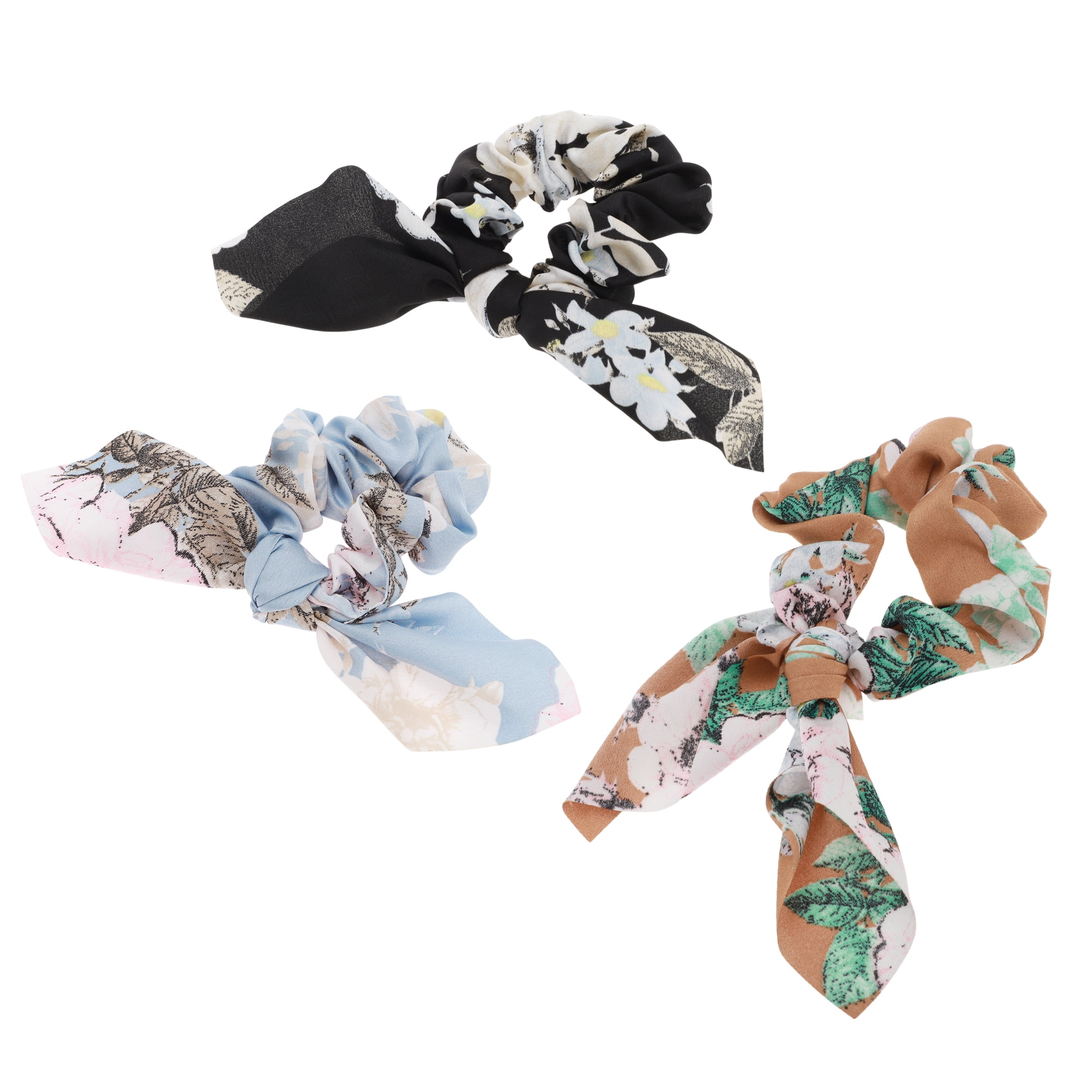 Unique Bargains Tie Triangle Ribbon Print Hair Ties Blue Black Brown 3 Pcs