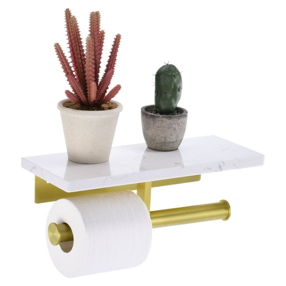 Unique Bargains Toilet Paper Holder with Marble Shelf Modern Design for Bathroom Gold