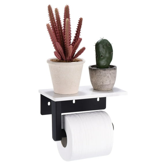 Unique Bargains Toilet Paper Holder with Marble Shelf Stainless Steel Wall Mounted Black