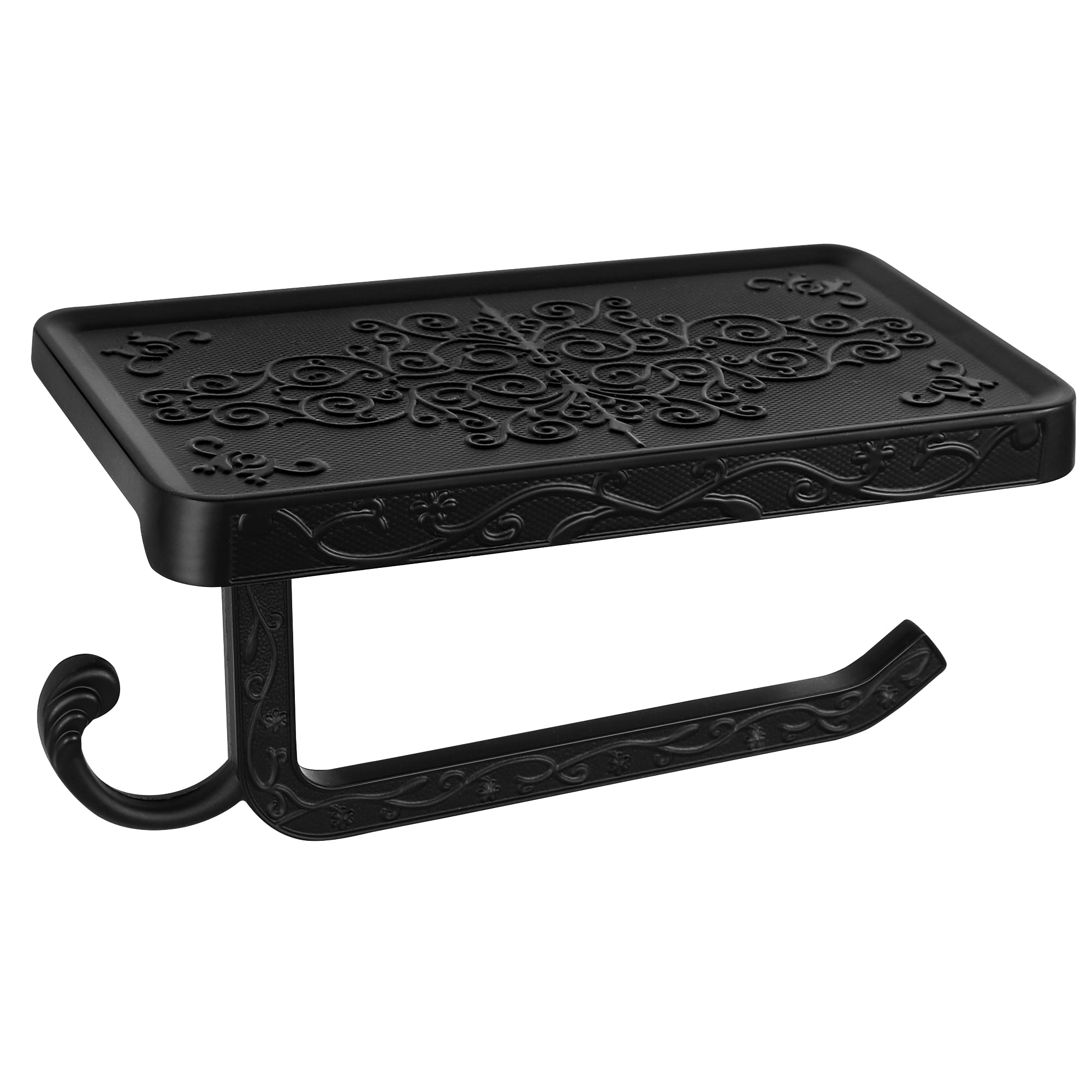 Unique Bargains Toilet Paper Holder with Phone Shelf Aluminum Alloy Roll Holder Black