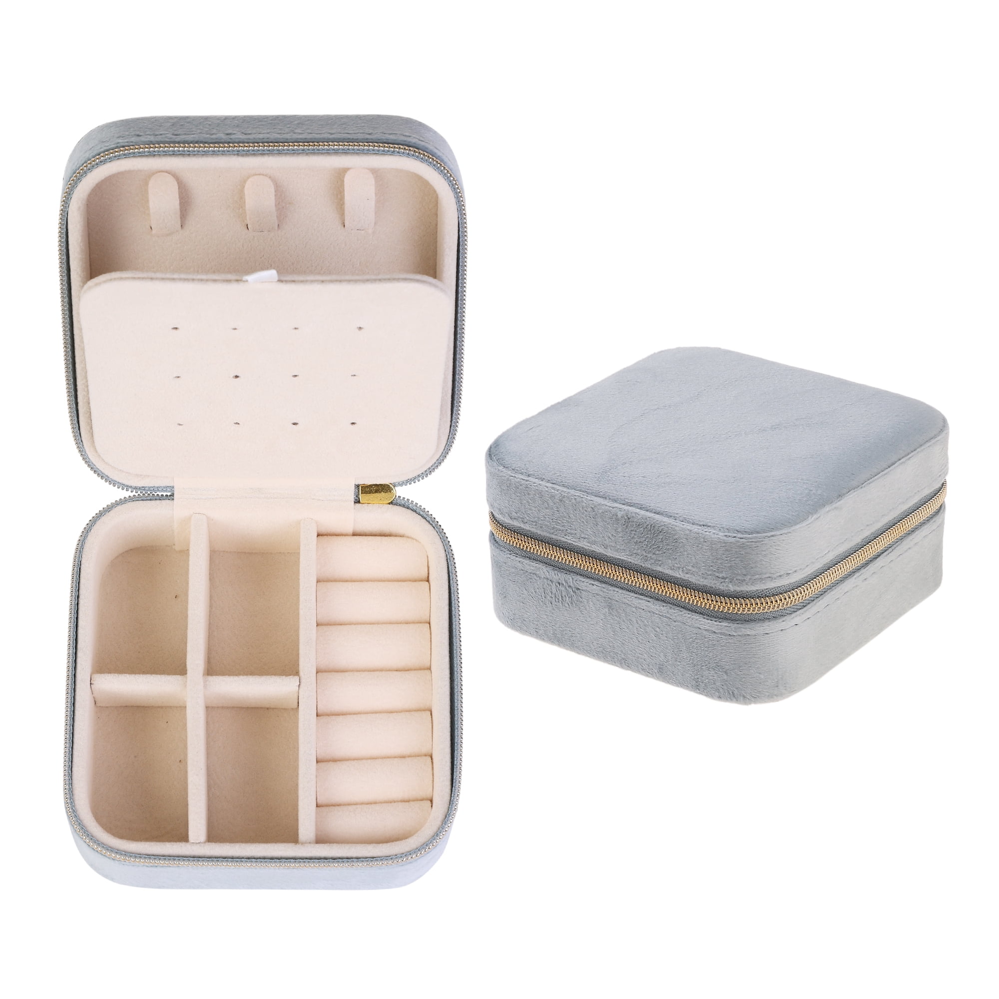 Unique Bargains Travel Jewelry Box Mini Portable Plush Velvet Jewelry Organizer Case Gray