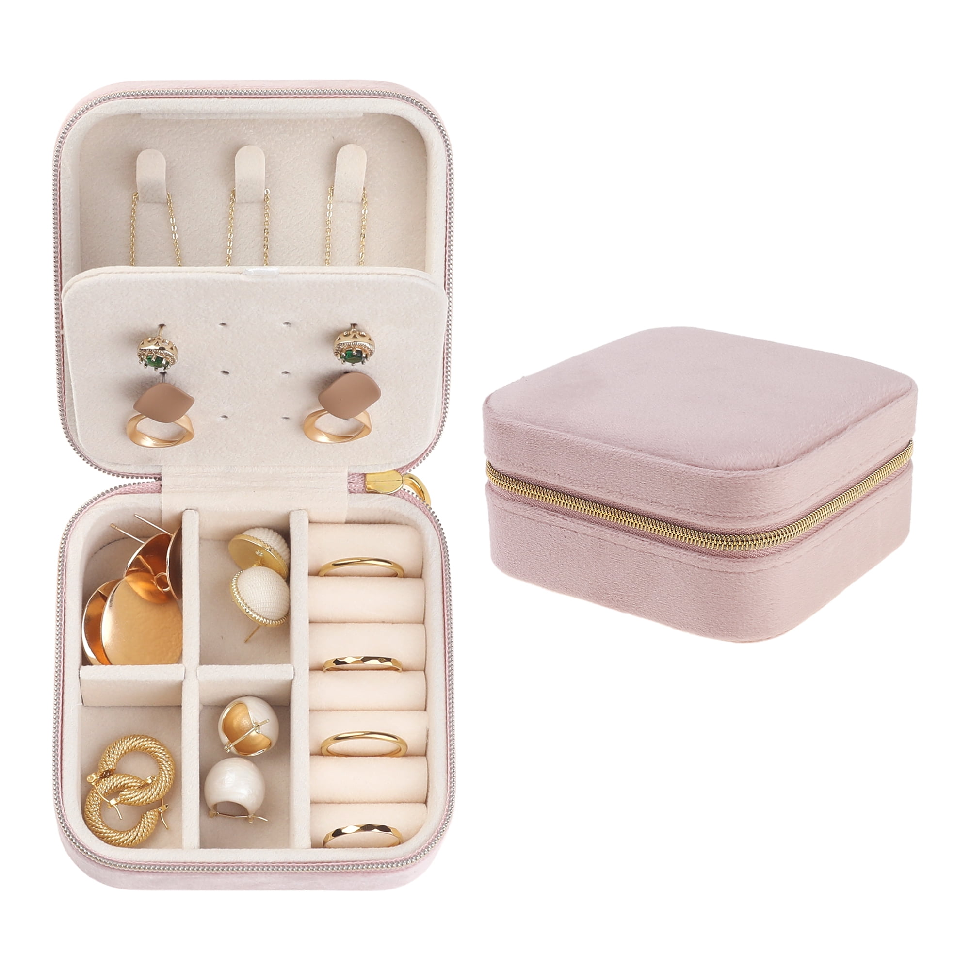 Unique Bargains Travel Jewelry Box Mini Portable Plush Velvet Jewelry Organizer Case Pink