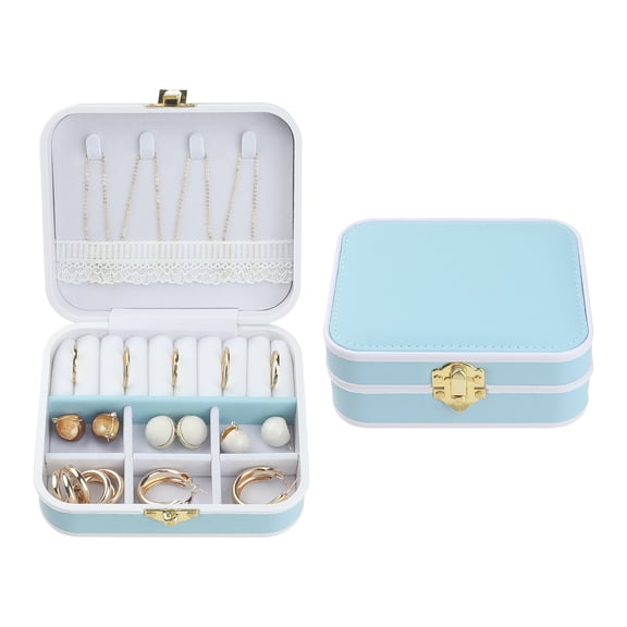Unique Bargains Travel Jewelry Box Small Portable PU Leather Jewelry Organizer Case Light Blue