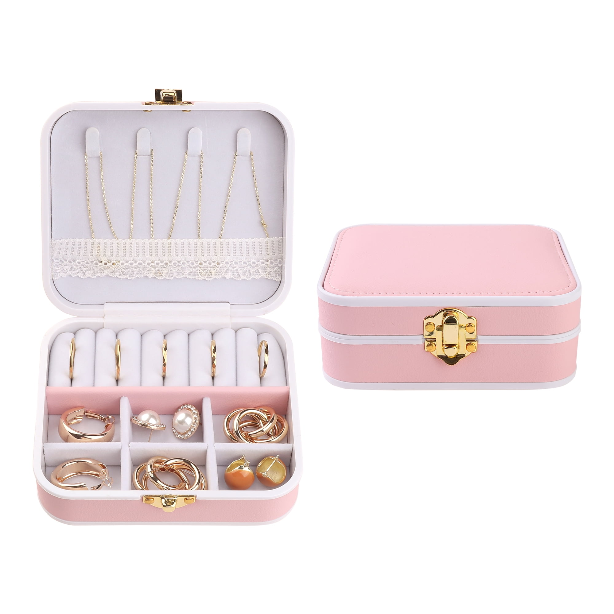 Unique Bargains Travel Jewelry Box Small Portable PU Leather Jewelry Organizer Case Pink