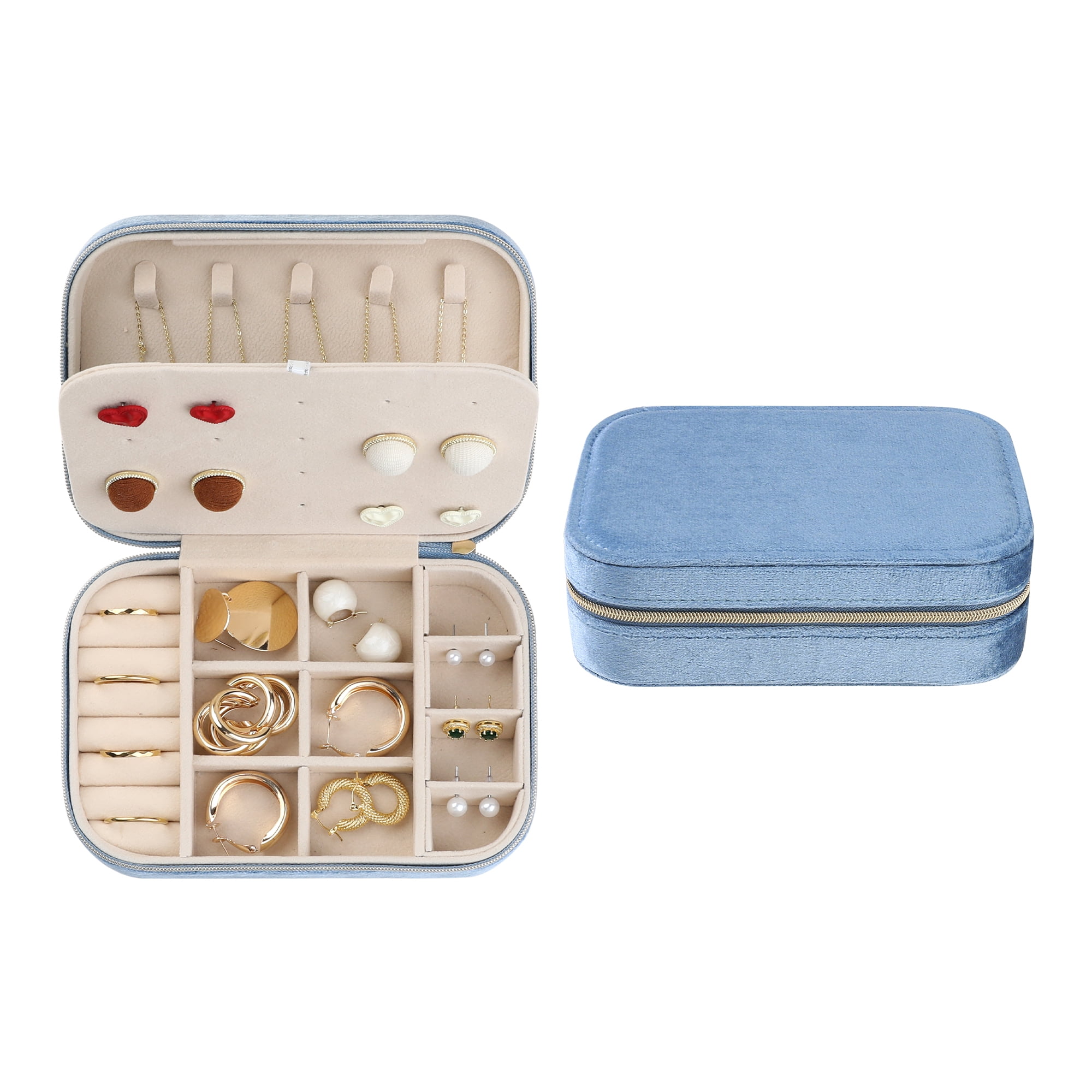 Unique Bargains Travel Jewelry Box Small Portable Plush Velvet Jewelry Organizer Case Blue