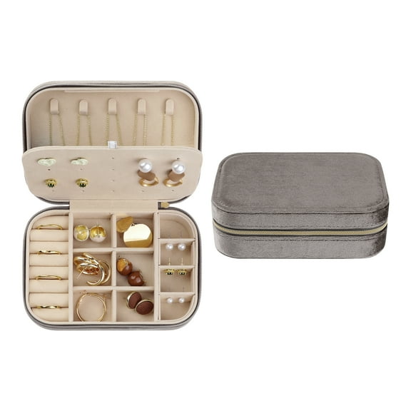 Unique Bargains Travel Jewelry Box Small Portable Plush Velvet Jewelry Organizer Case Gray