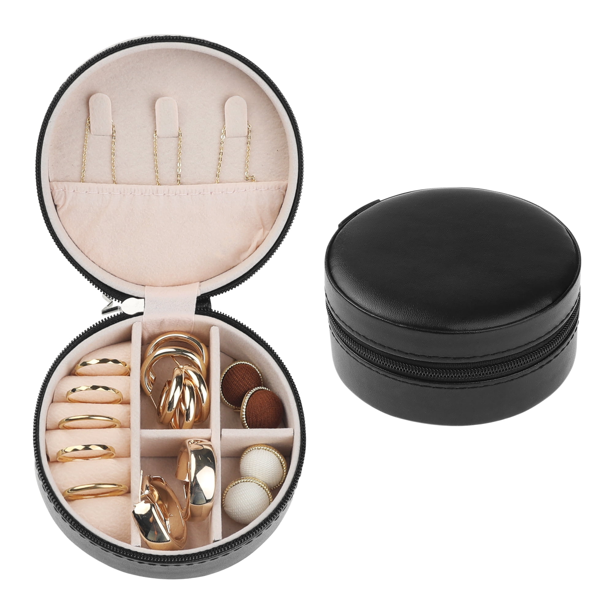 Unique Bargains Travel Jewelry Box Small Round Portable PU Leather Jewelry Organizer Case Black