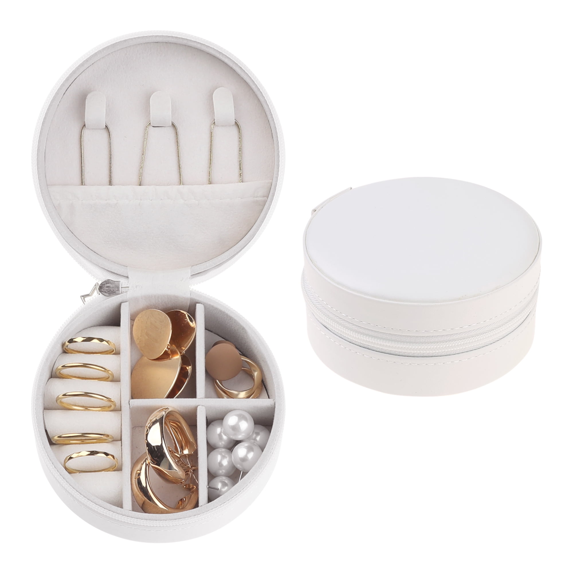 Unique Bargains Travel Jewelry Box Small Round Portable PU Leather Jewelry Organizer Case White