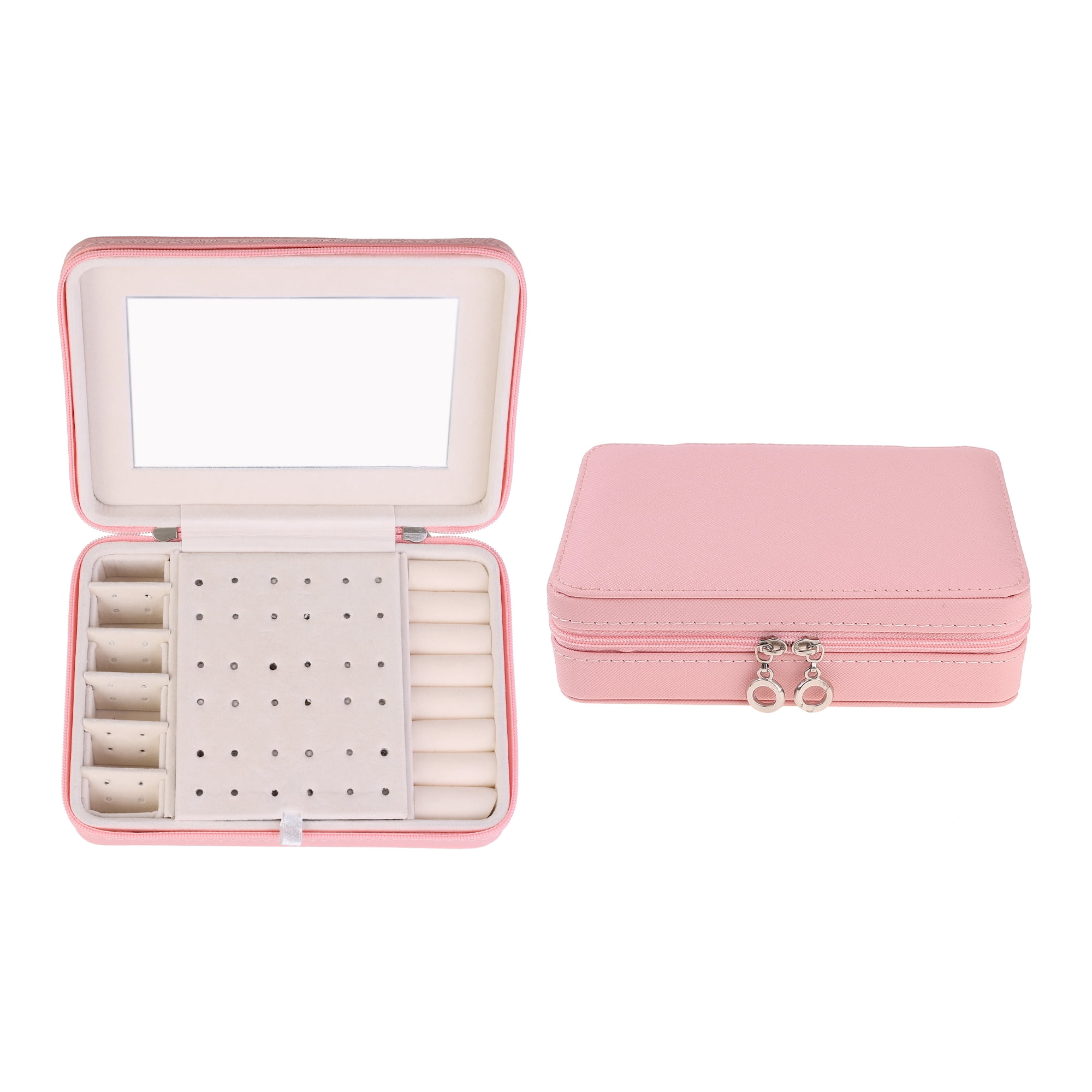 Unique Bargains Travel Jewelry Box with Mirror Portable PU Leather Jewelry Organizer Pink