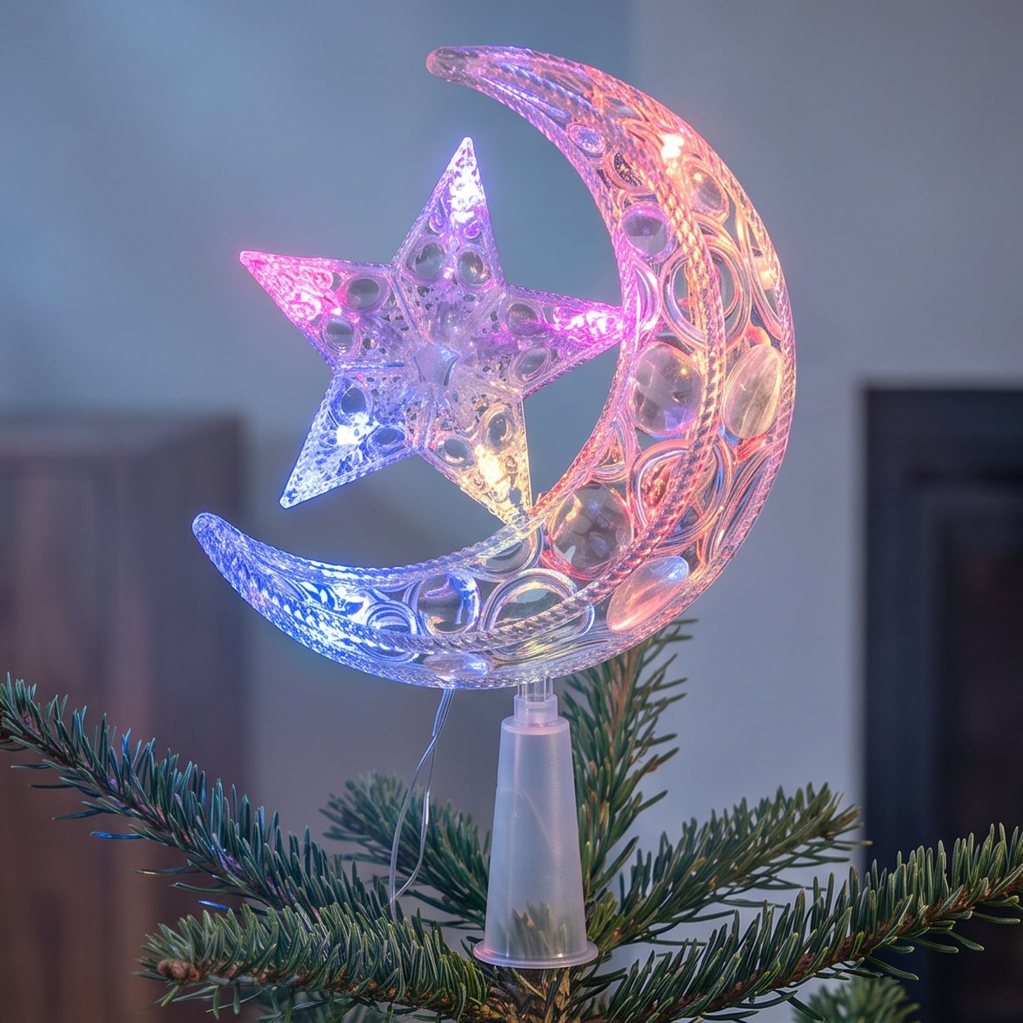 Unique Bargains Tree Finial Battery Operated Spring Mount Moon Multicolor Lights 7.9"