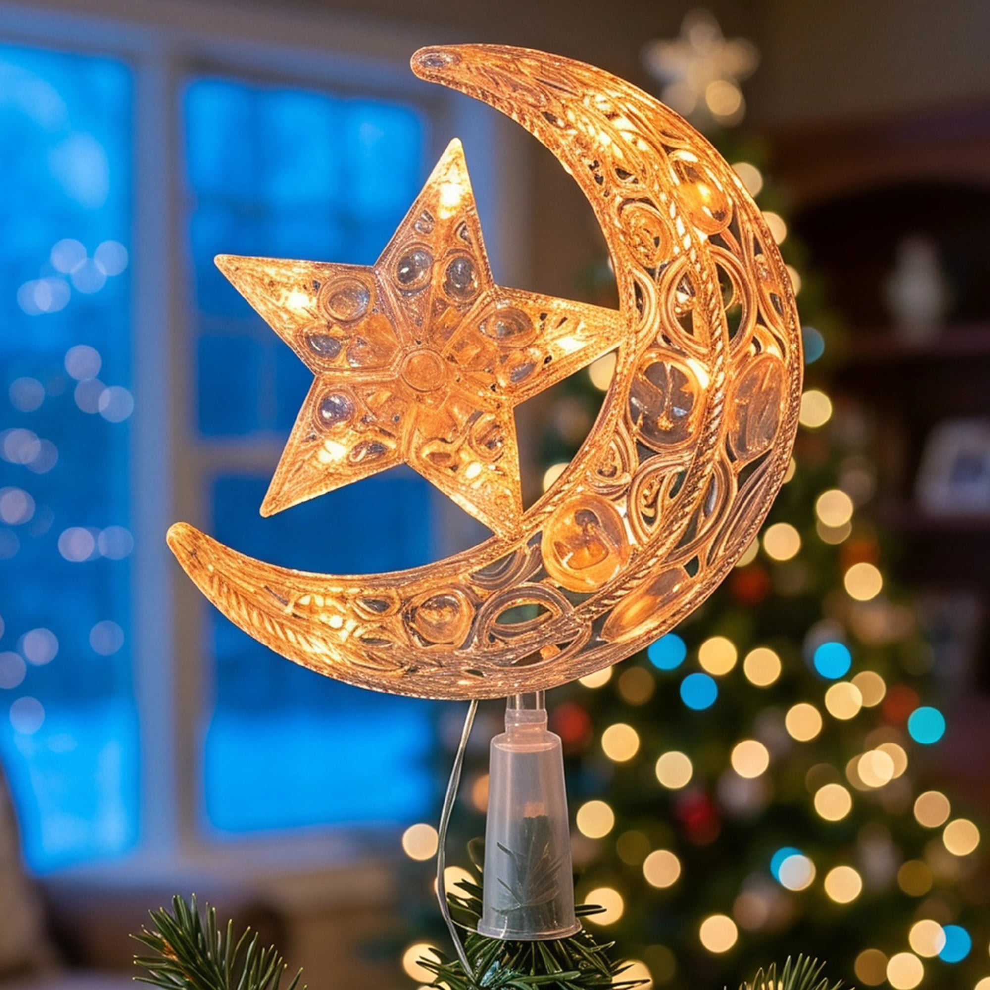 Unique Bargains Tree Finial Battery Operated Spring Mount Moon Warm White Lights 7.9"