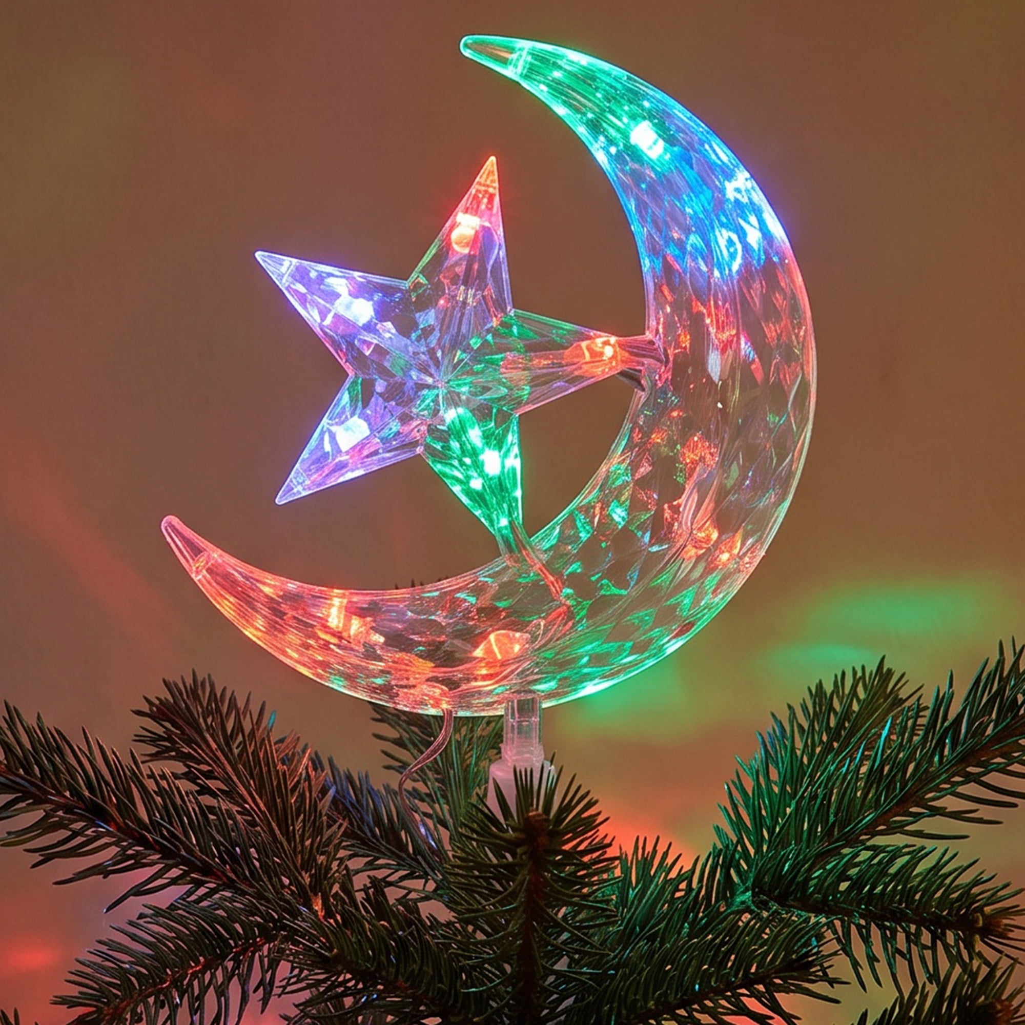 Unique Bargains Tree Finial Battery Operated Spring Mount Star Moon Multicolor Lights 7.9"