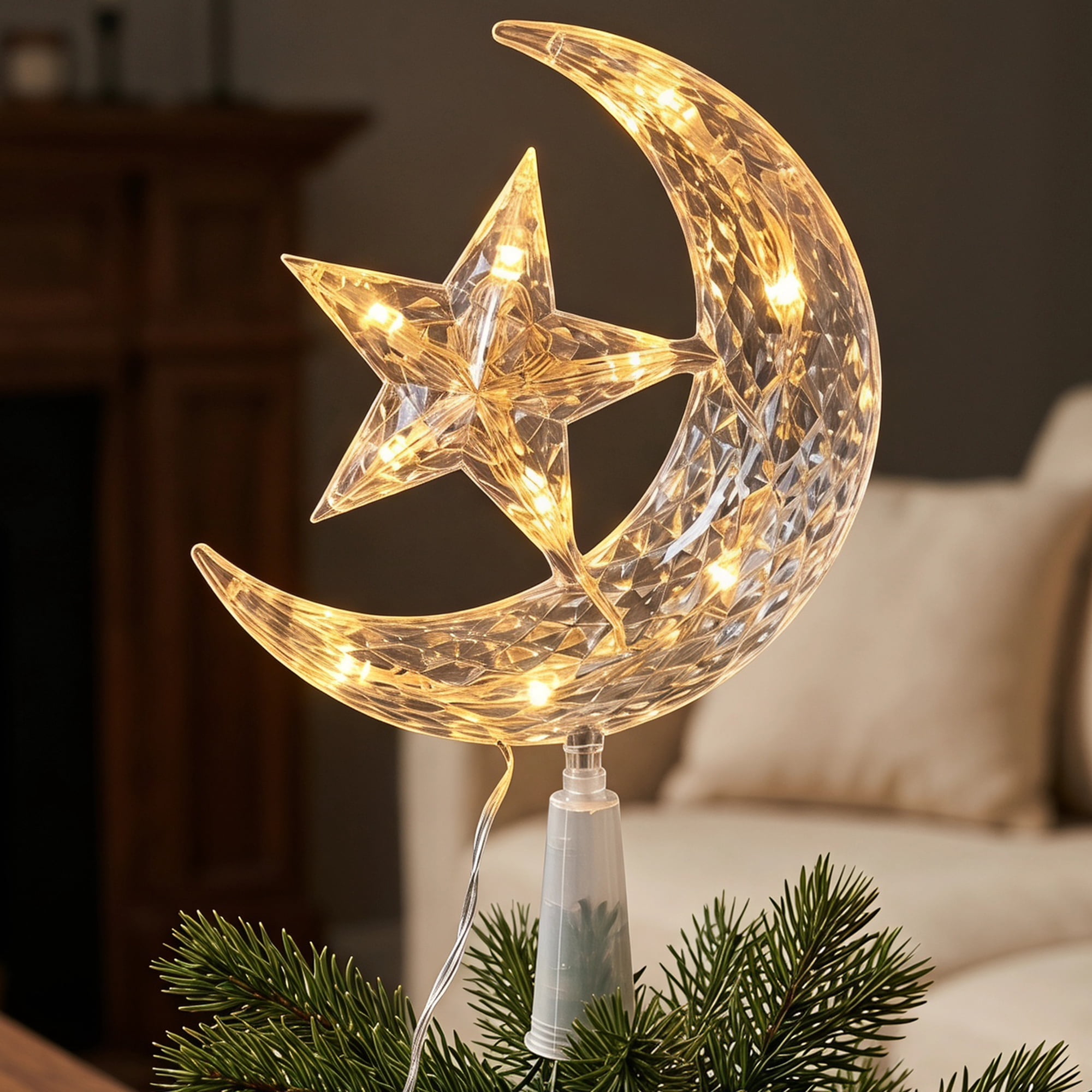 Unique Bargains Tree Finial Battery Operated Spring Mount Star Moon Warm White Lights 7.9"