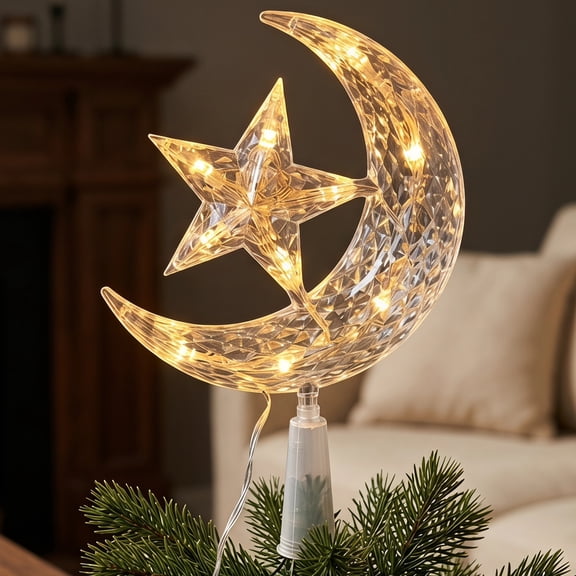 Unique Bargains Tree Finial Battery Operated Spring Mount Star Moon Warm White Lights 7.9"
