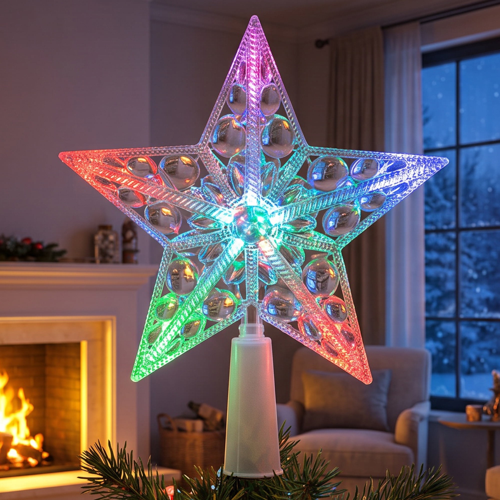 Unique Bargains Tree Finial Battery Operated Spring Mount Star Multicolor Lights 5.9"