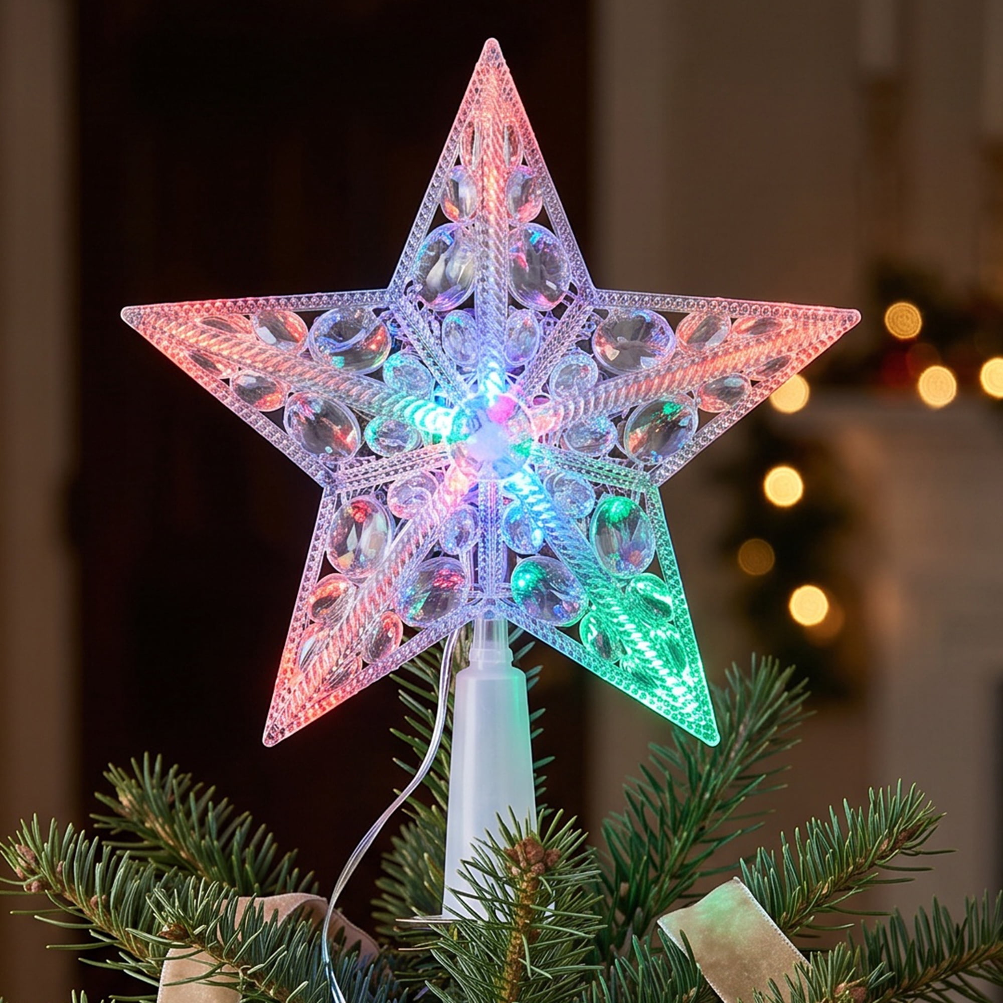 Unique Bargains Tree Finial Battery Operated Spring Mount Star Multicolor Lights 7.9"