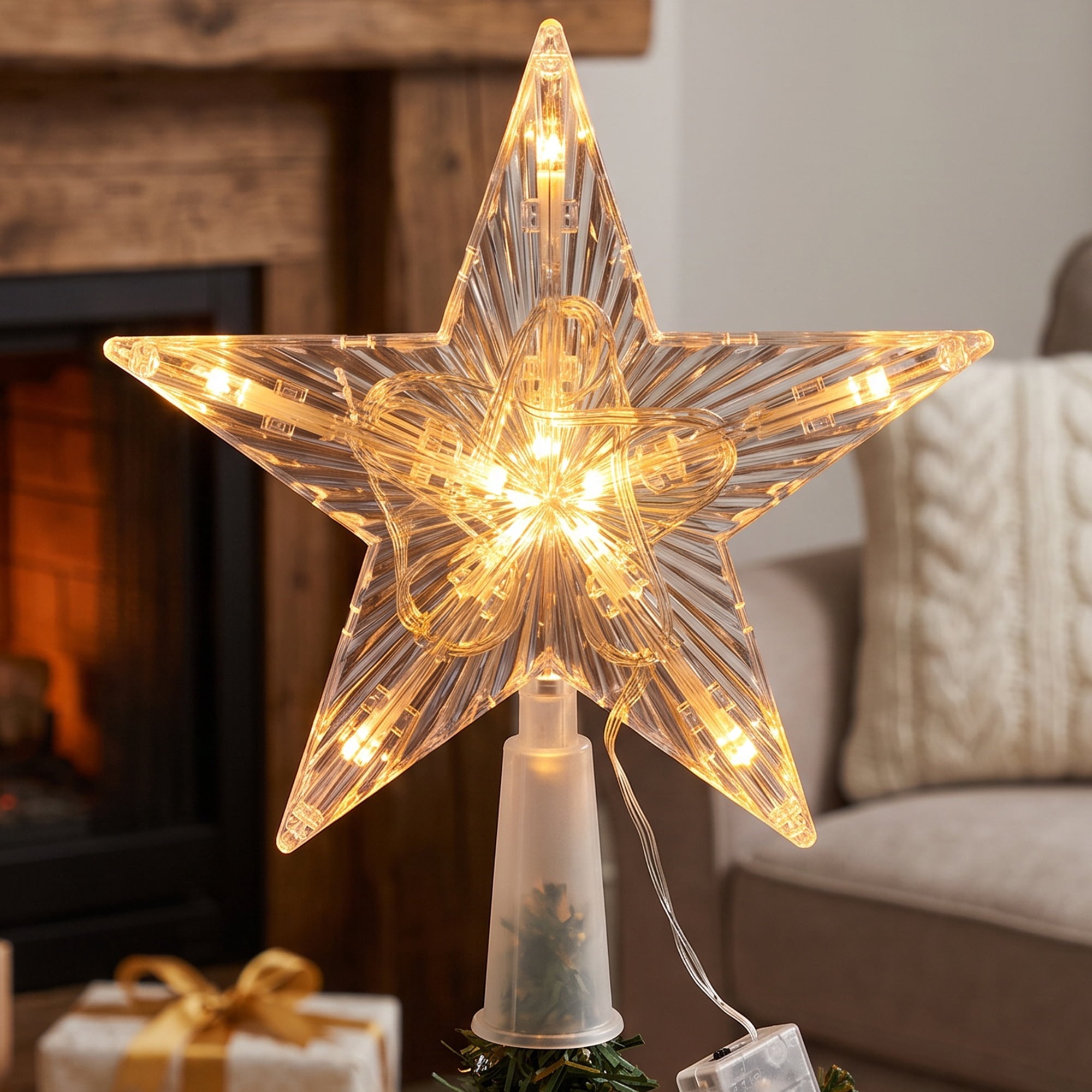 Unique Bargains Tree Finial Battery Operated Spring Mount Star Stripes Warm White 5.9"