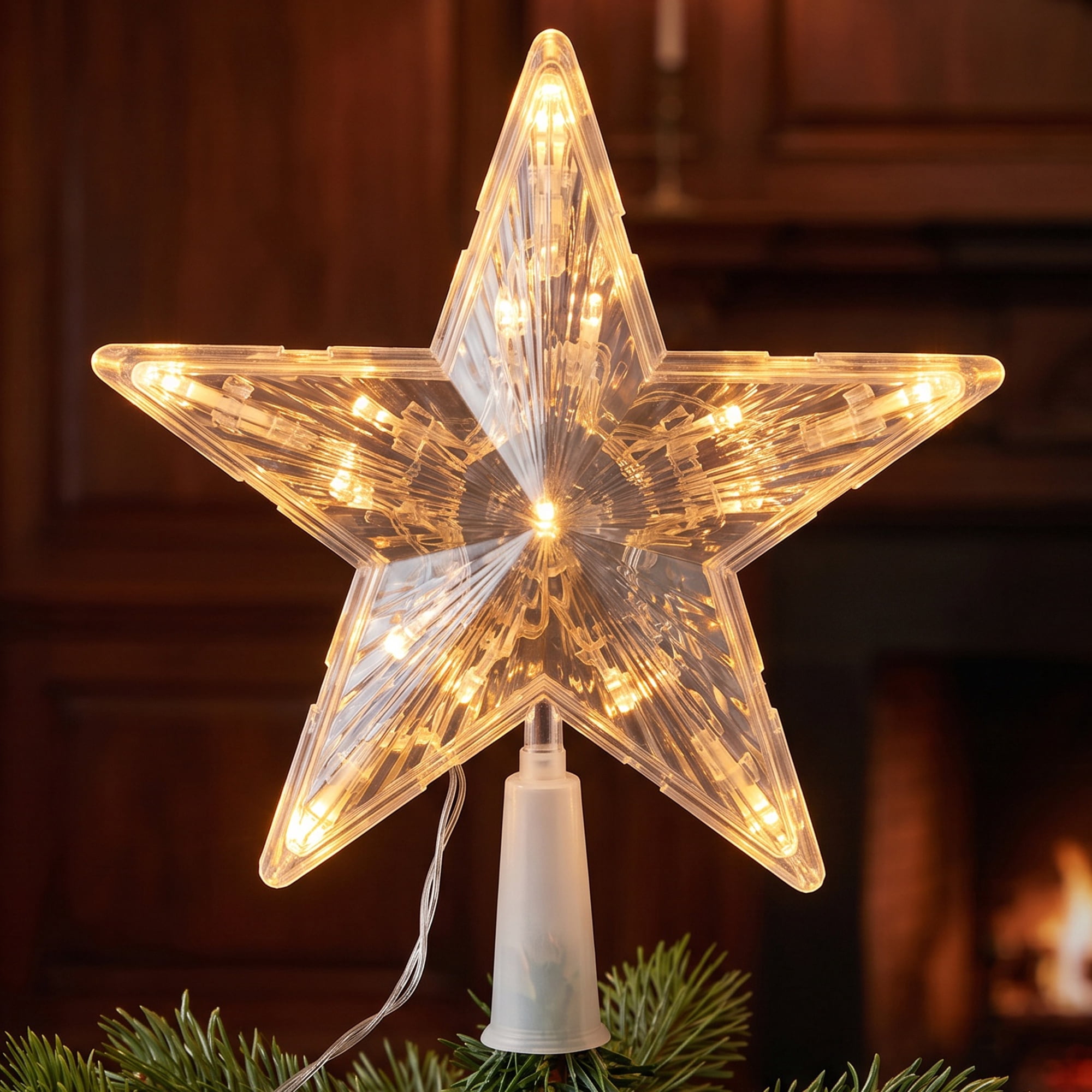 Unique Bargains Tree Finial Battery Operated Spring Mount Star Stripes Warm White 7.9"