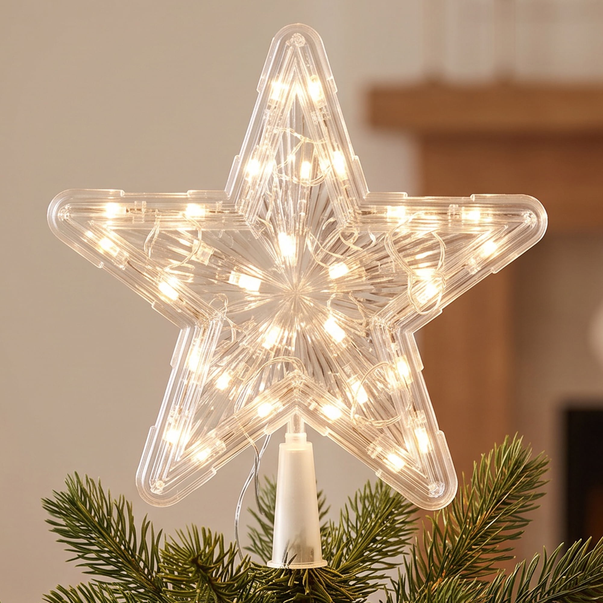 Unique Bargains Tree Finial Battery Operated Spring Mount Star Warm White Lights 7.9"