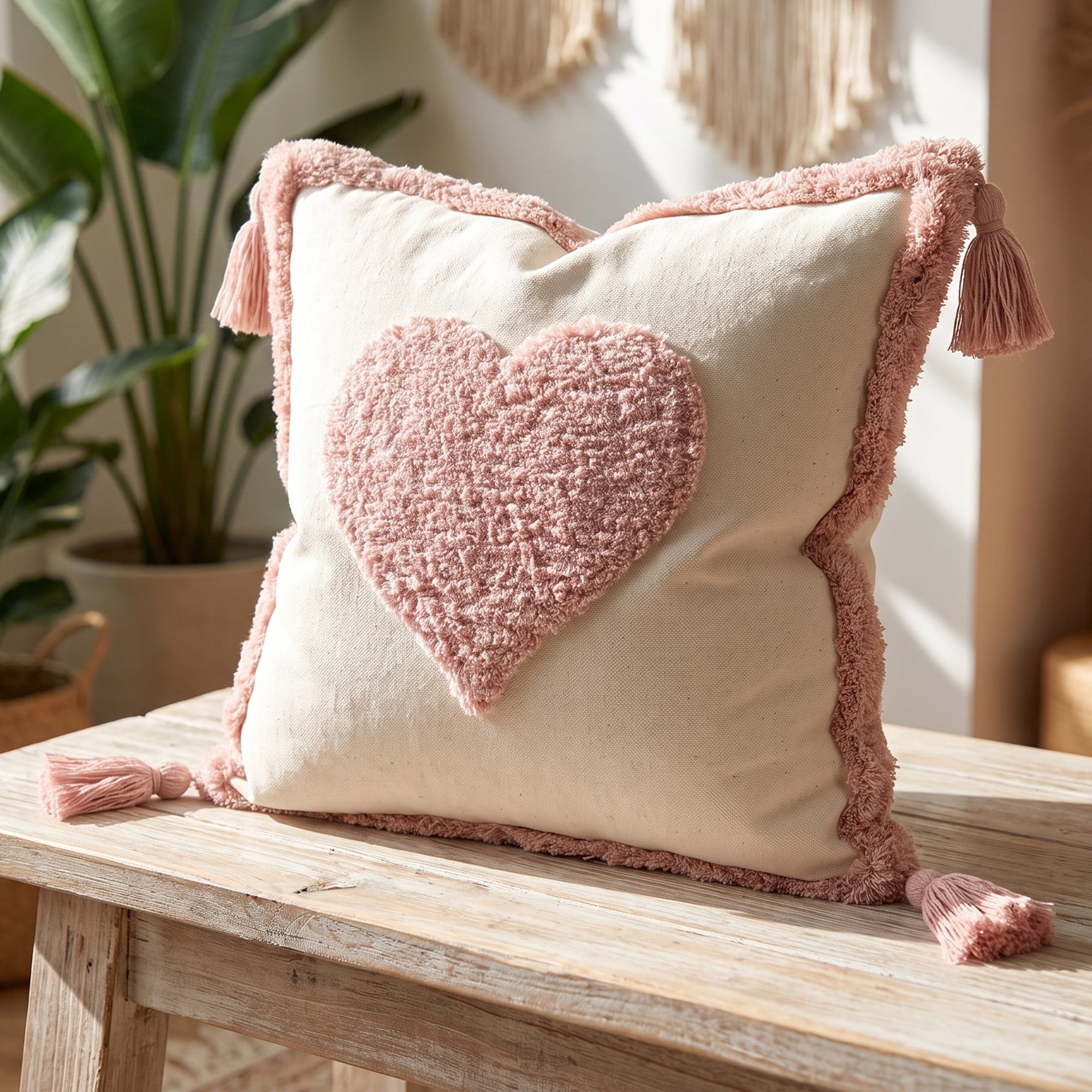 Unique Bargains Tufted Throw Pillow Cover Cushion Case for Home Pink Heart 18"x18"
