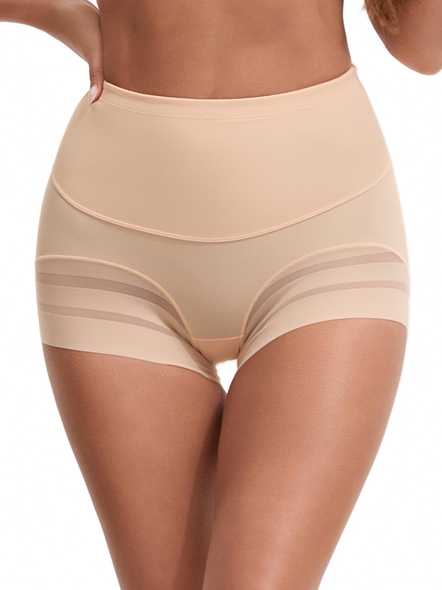 Unique Bargains Tummy Control Shapewear Stripe Mesh Underwear Panties XL Beige