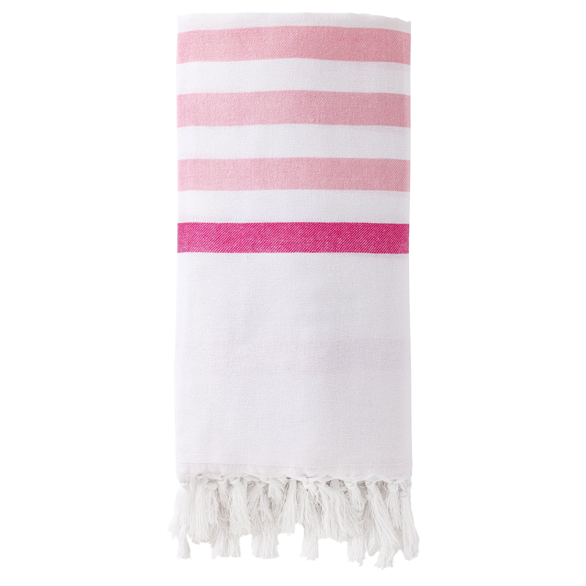 Unique Bargains Turkish Striped Cotton Beach Towel with Tassel Trim Pink 71" x 40"