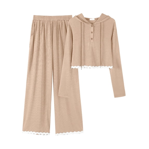 Unique Bargains Two Pieces Sets Hoodie Top Wide Leg Pants Tracksuit M Khaki