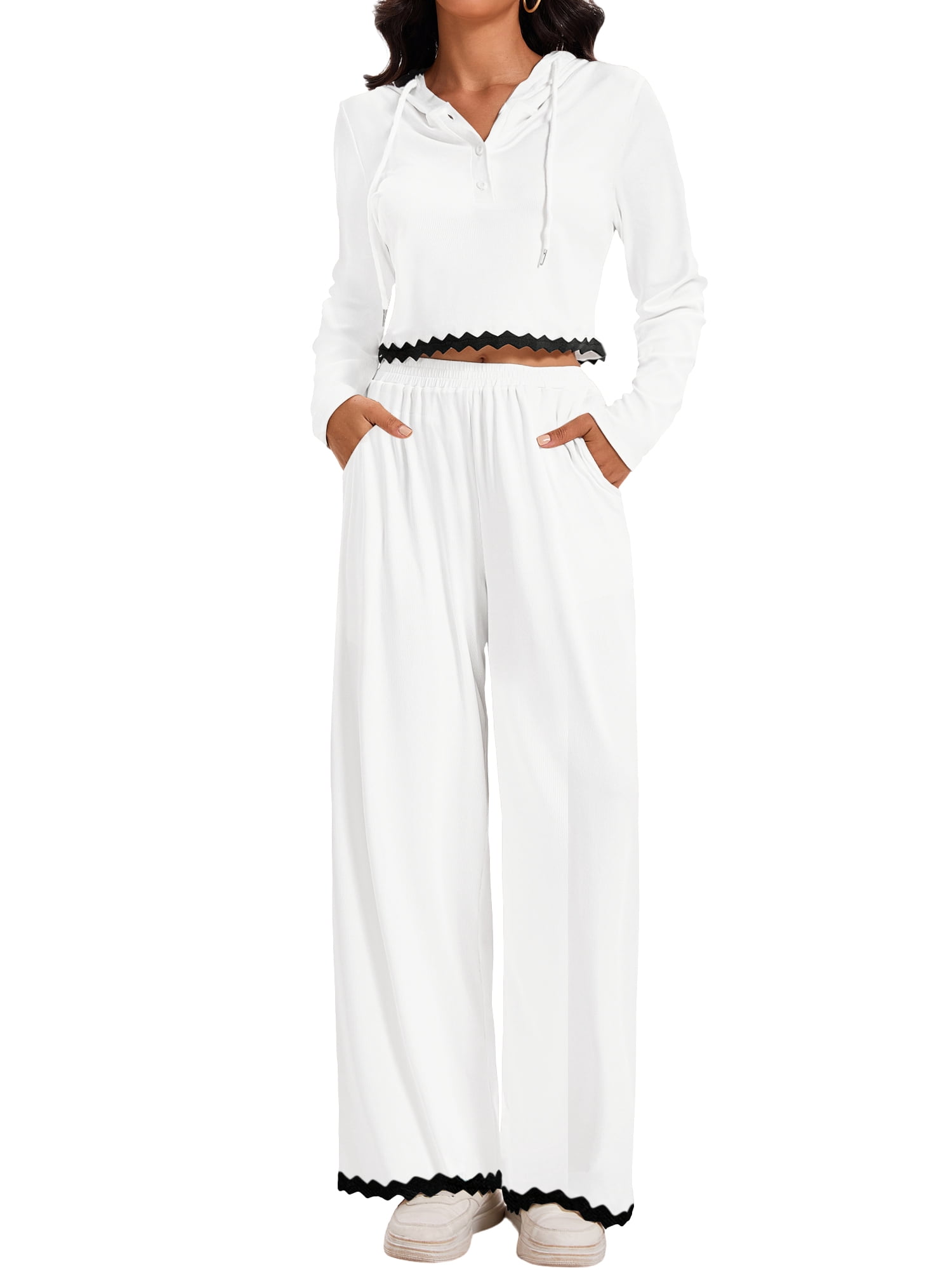 Unique Bargains Two Pieces Sets Hoodie Top Wide Leg Pants Tracksuit M White Black