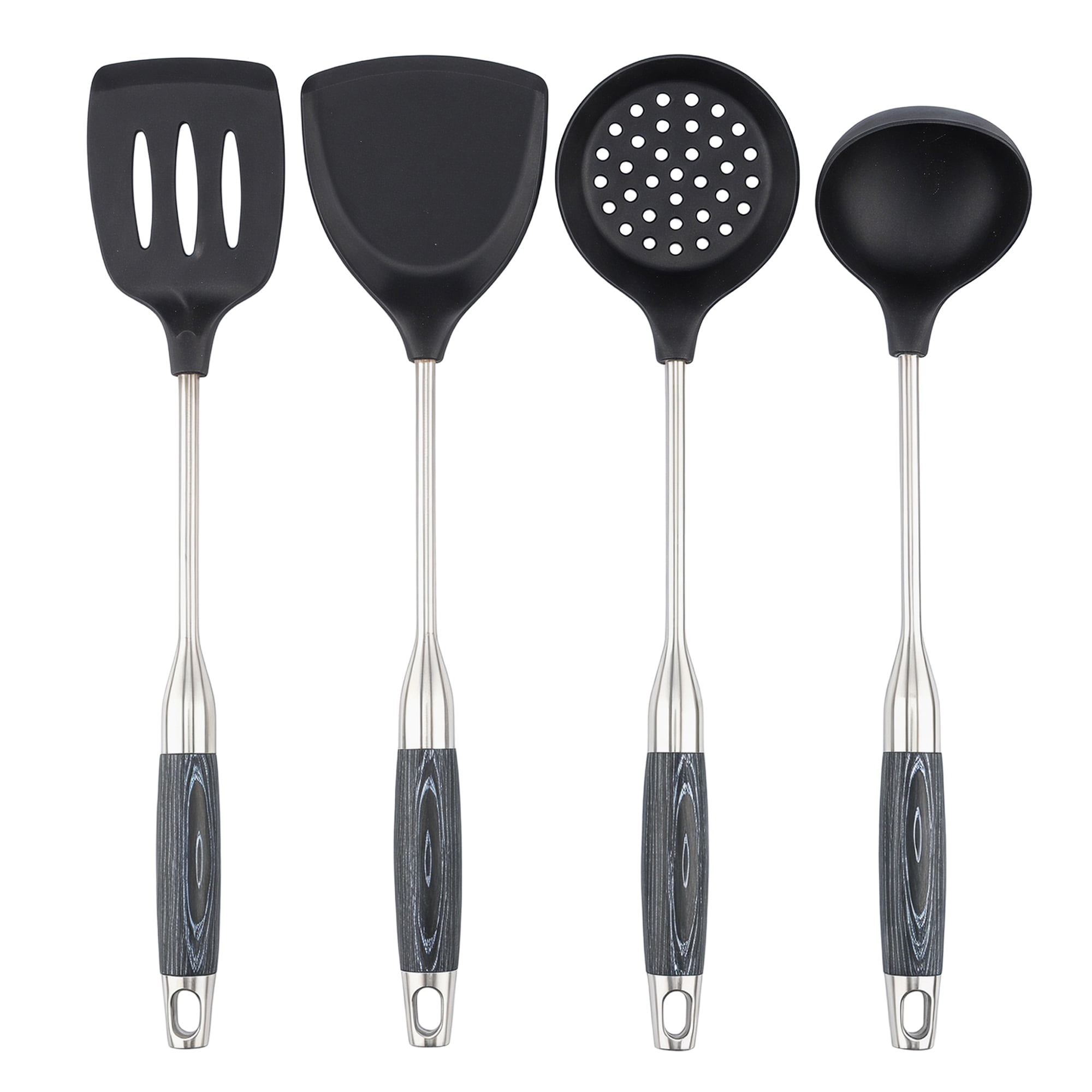 Unique Bargains Stainless Steel Two-tone Square Hole Kitchen Cooking Utensil Set Black-Silver C 4