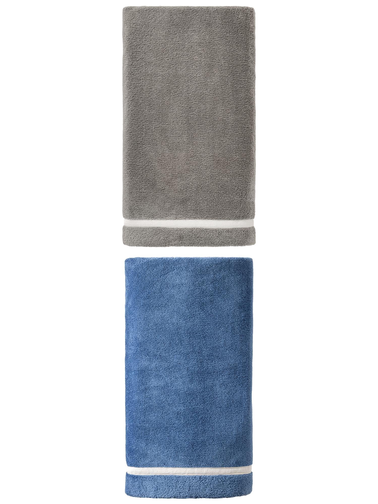 Unique Bargains Ultra Soft Absorbent Coral Fleece Bath Towel 2 Pack Grey/Dark Blue 63"x31"