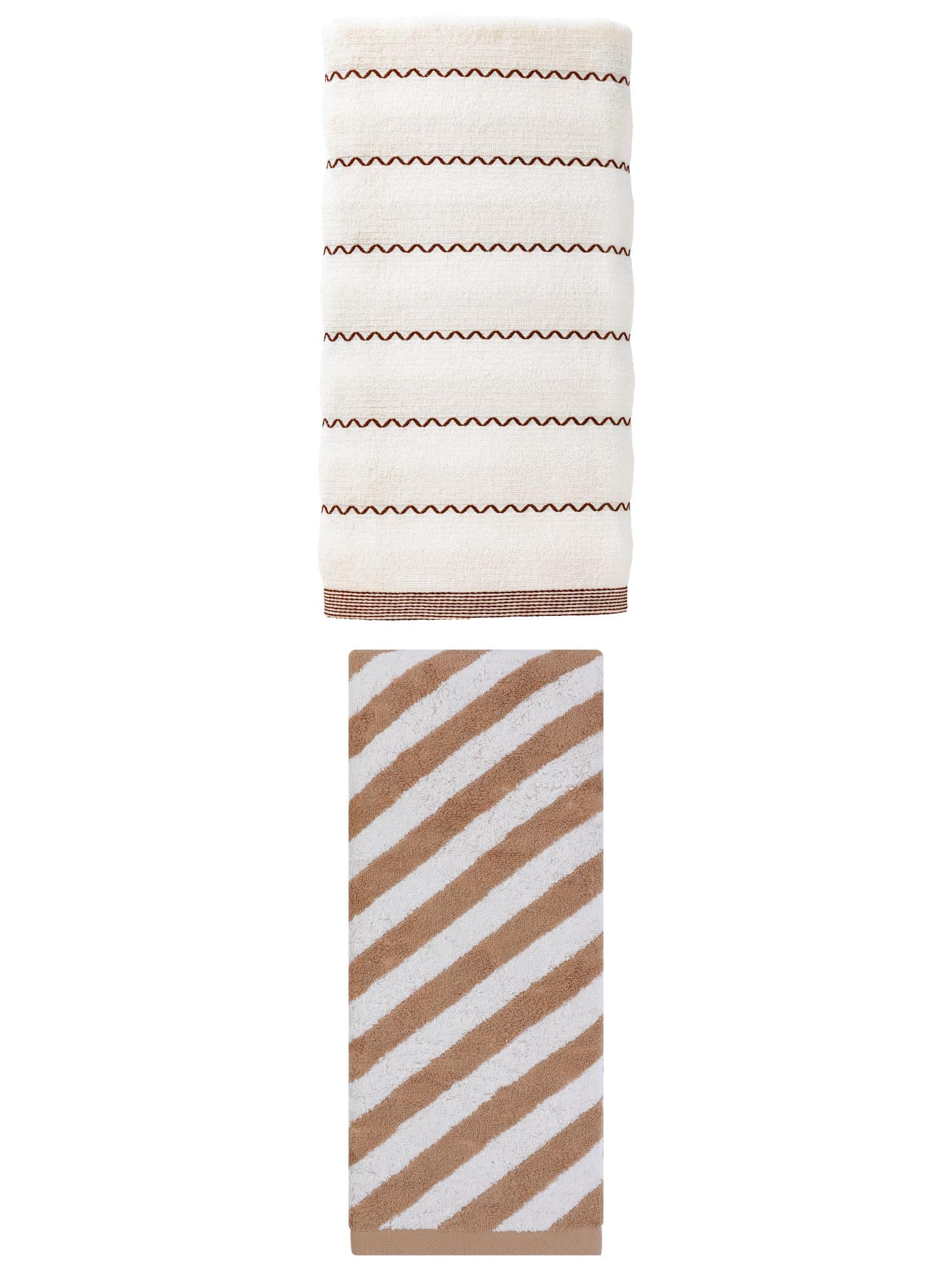 Unique Bargains Ultra Soft Cotton Stripe Bath Towel White 55"x28" White/Brown 55"x28"